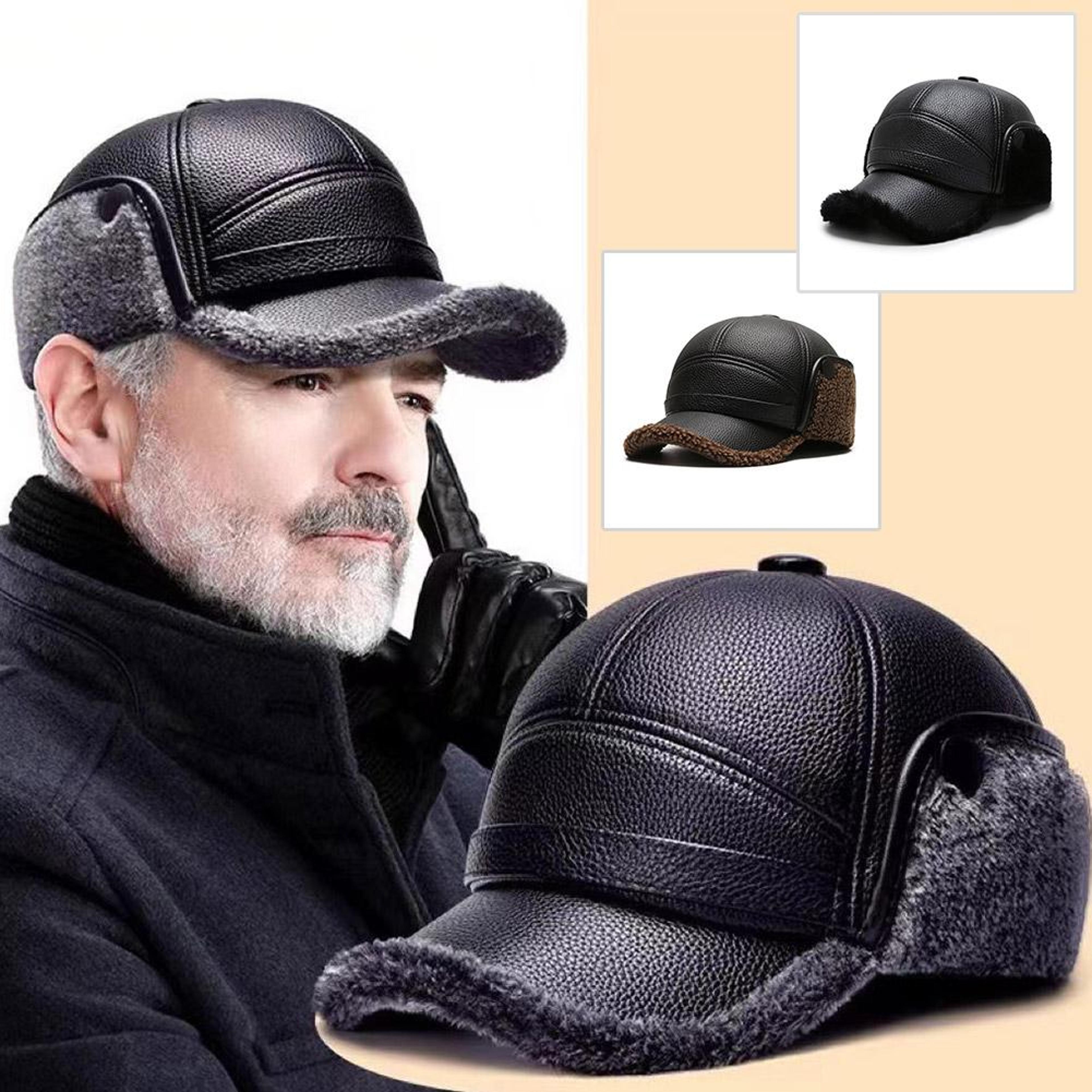 winter baseball cap men pu leather bomber caps, warm thicker dad hat with earflaps, windproof tongue hat