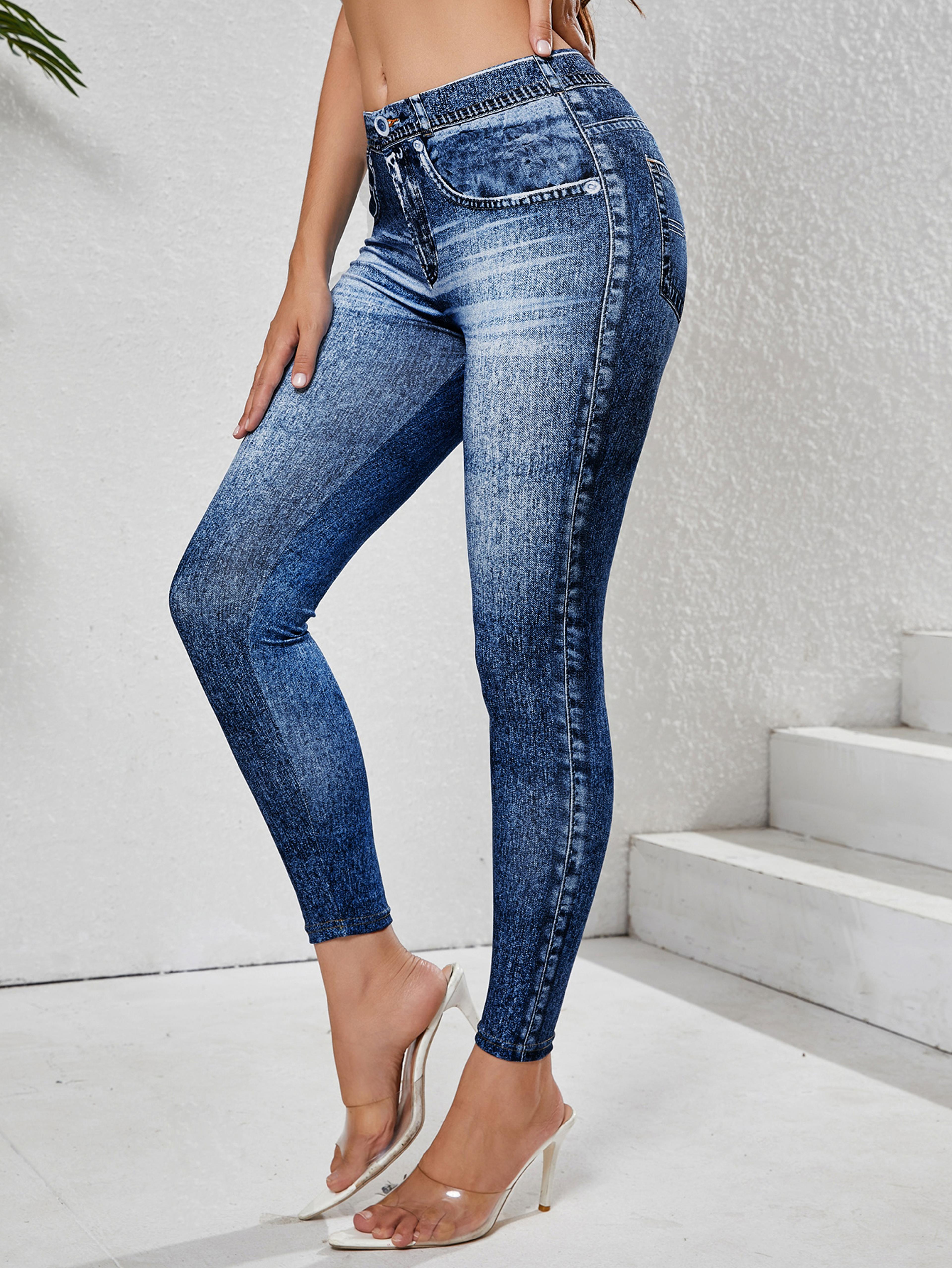 women's high stretchy denim leggings with pockets, comfortable tummy control, yoga pants for fitness