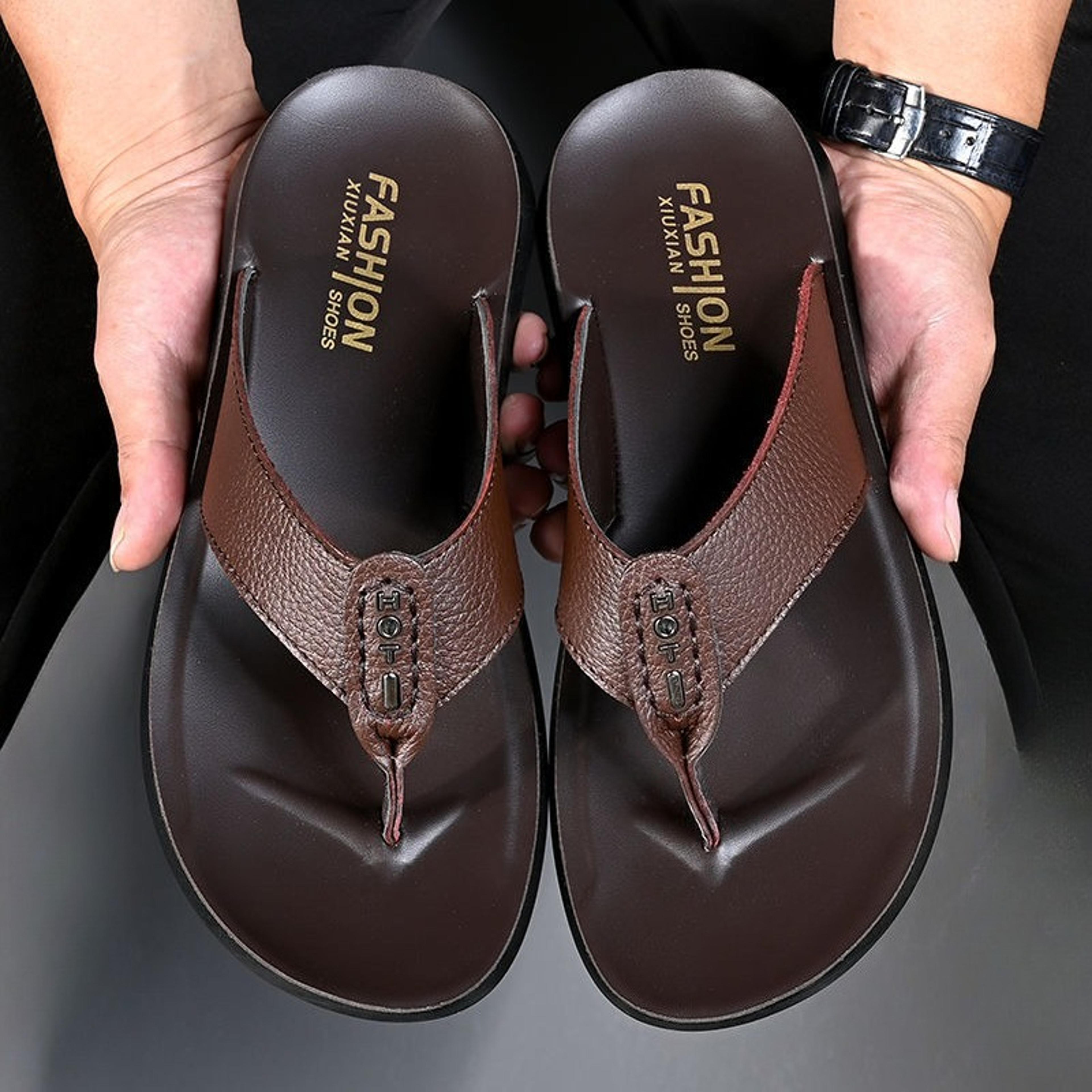 high quality genuine leather men slippers, hot sale summer beach sandals, casual men shoes, soft soled flip flops
