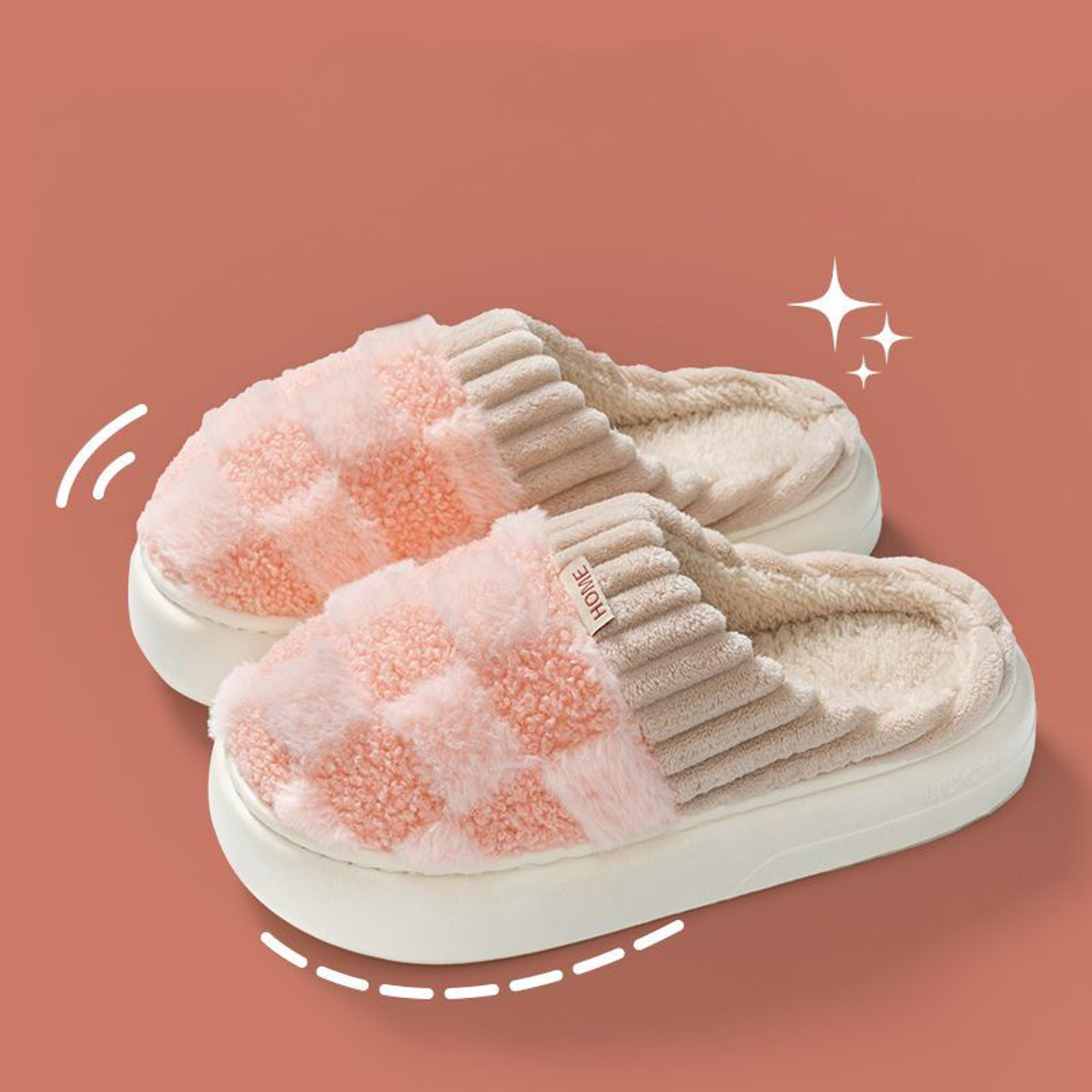 warm plaid fluffy slippers for couples, fashion winter slides, soft sole flip flops for women