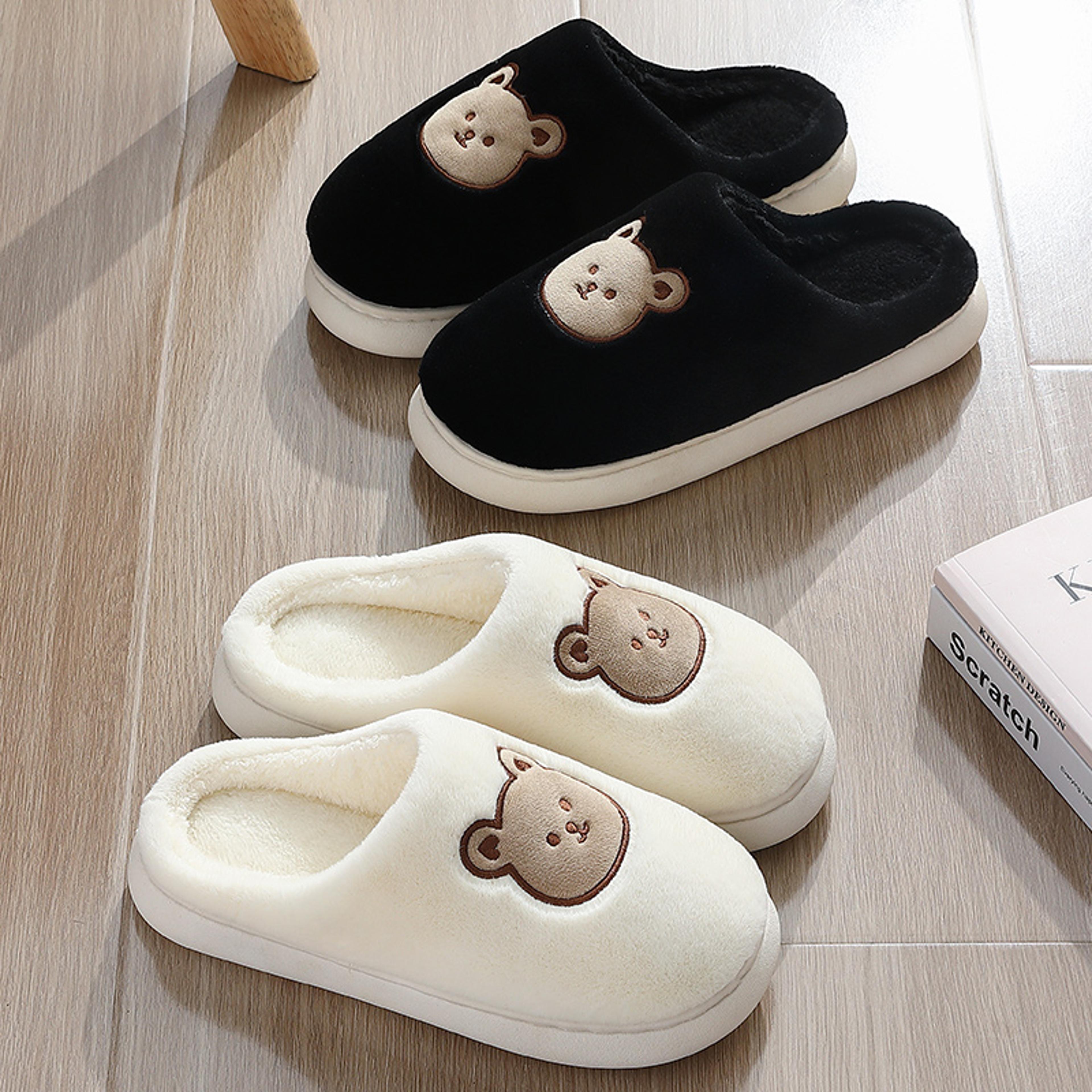 cute bear cotton slippers for women, non-slip slides, plush warm winter indoor sandals, home flip flops