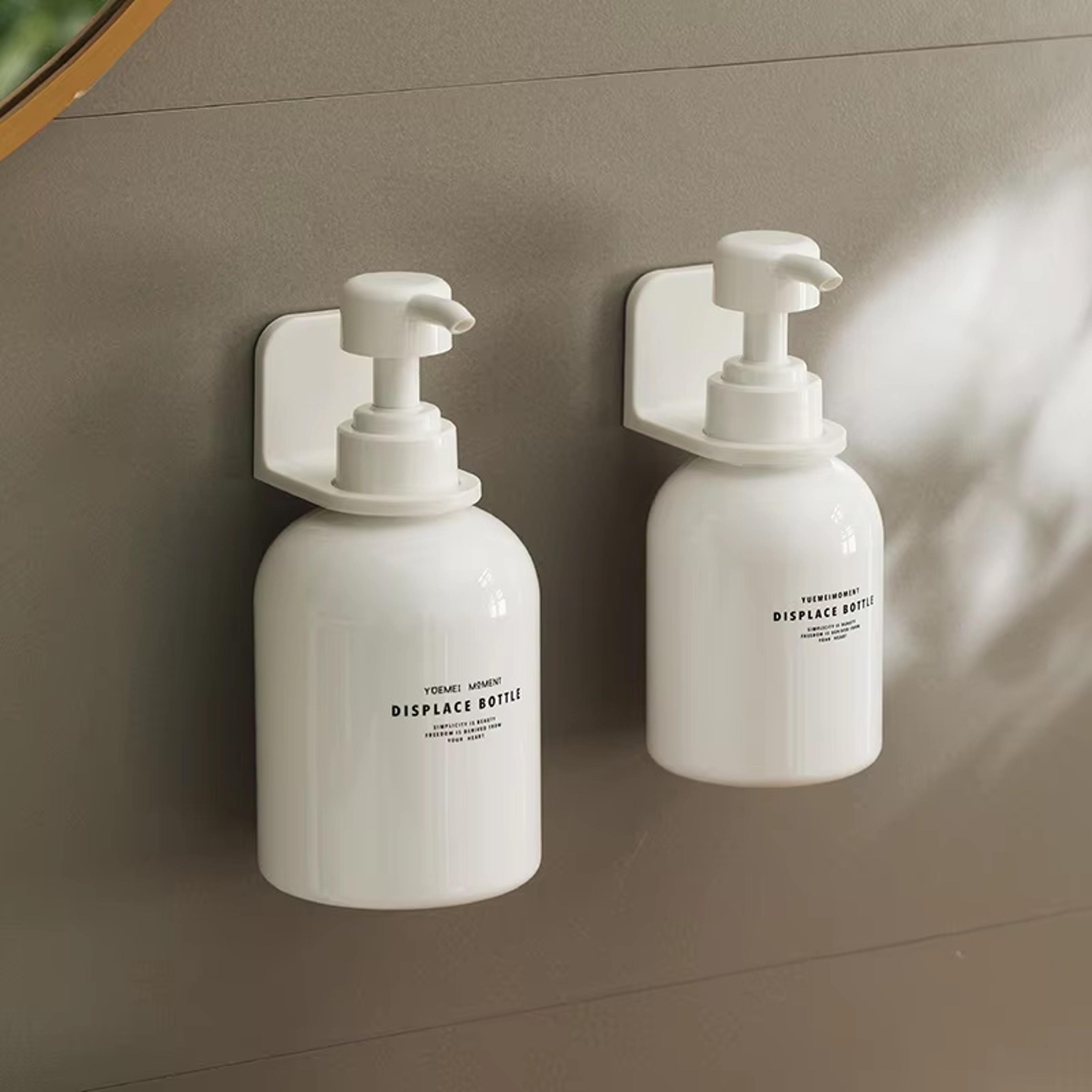 adhesive wall mounted adjustable dispenser bottle holder, shampoo lotion hand soap hanger, bathroom storage rack