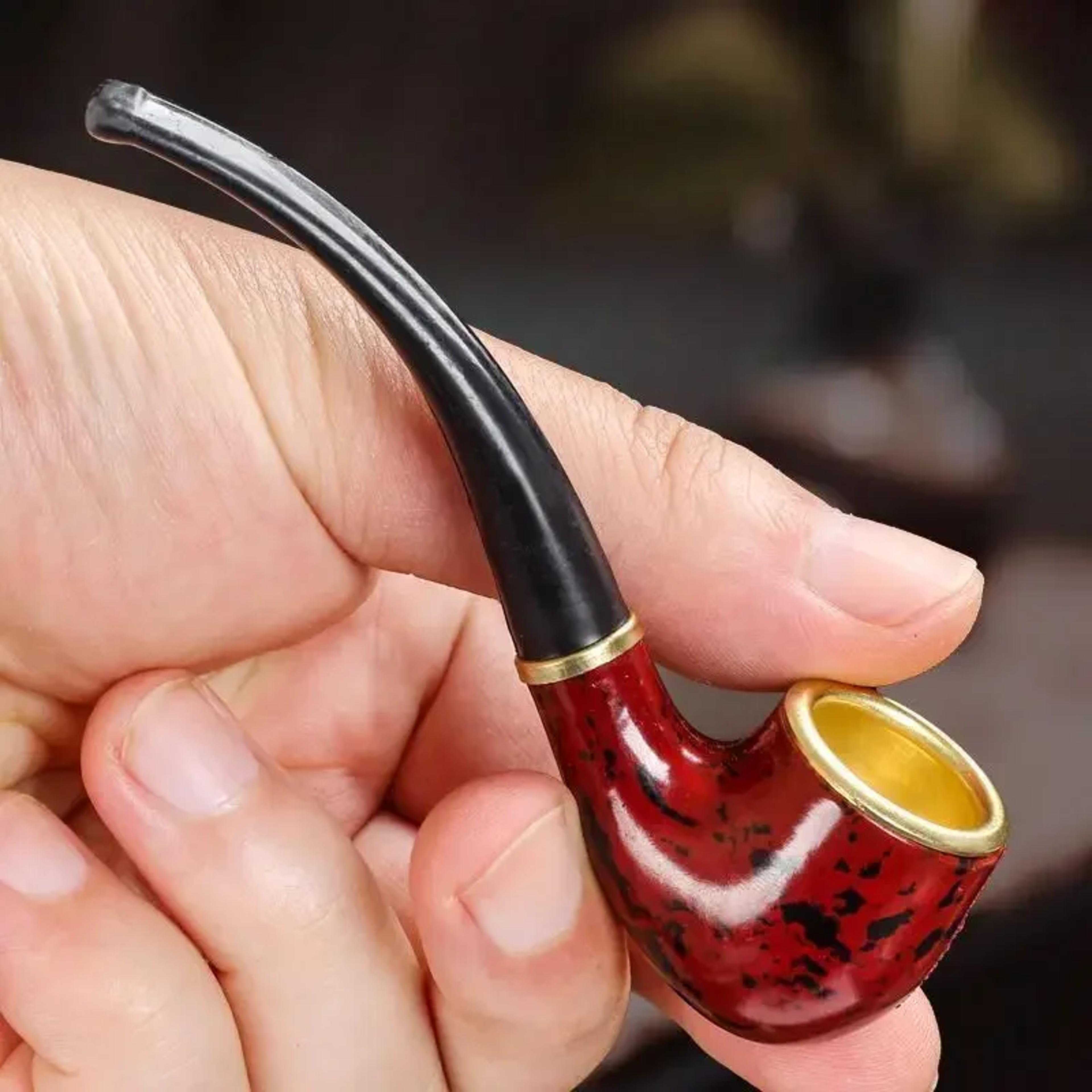 classic resin pipe for men, new imitation wood pipe, portable copper pot bent design, durable mini cigarette pipe