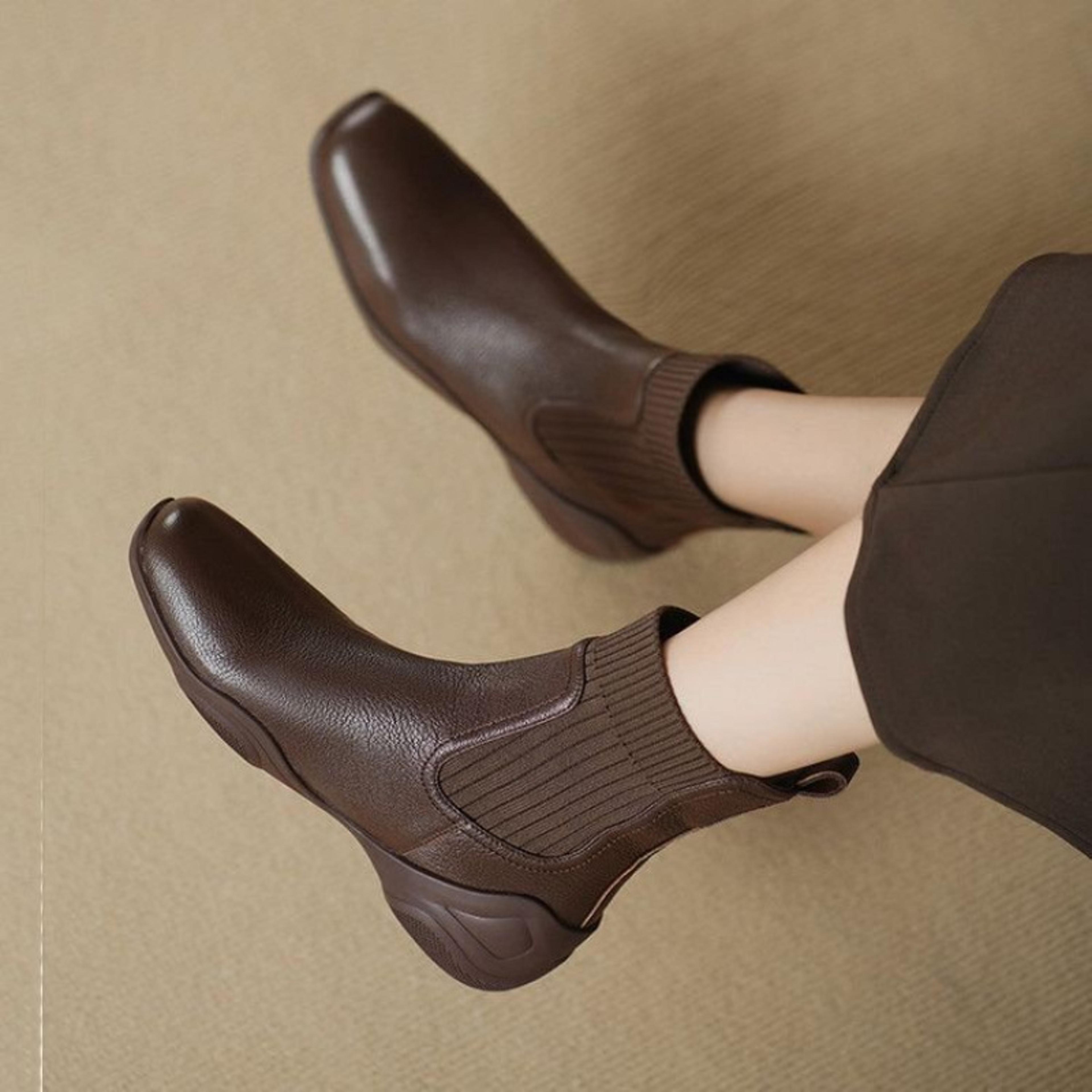 stretch sock boots for autumn/winter, comfortable women's soft leather chelsea boots, fashion boots with flexible sole