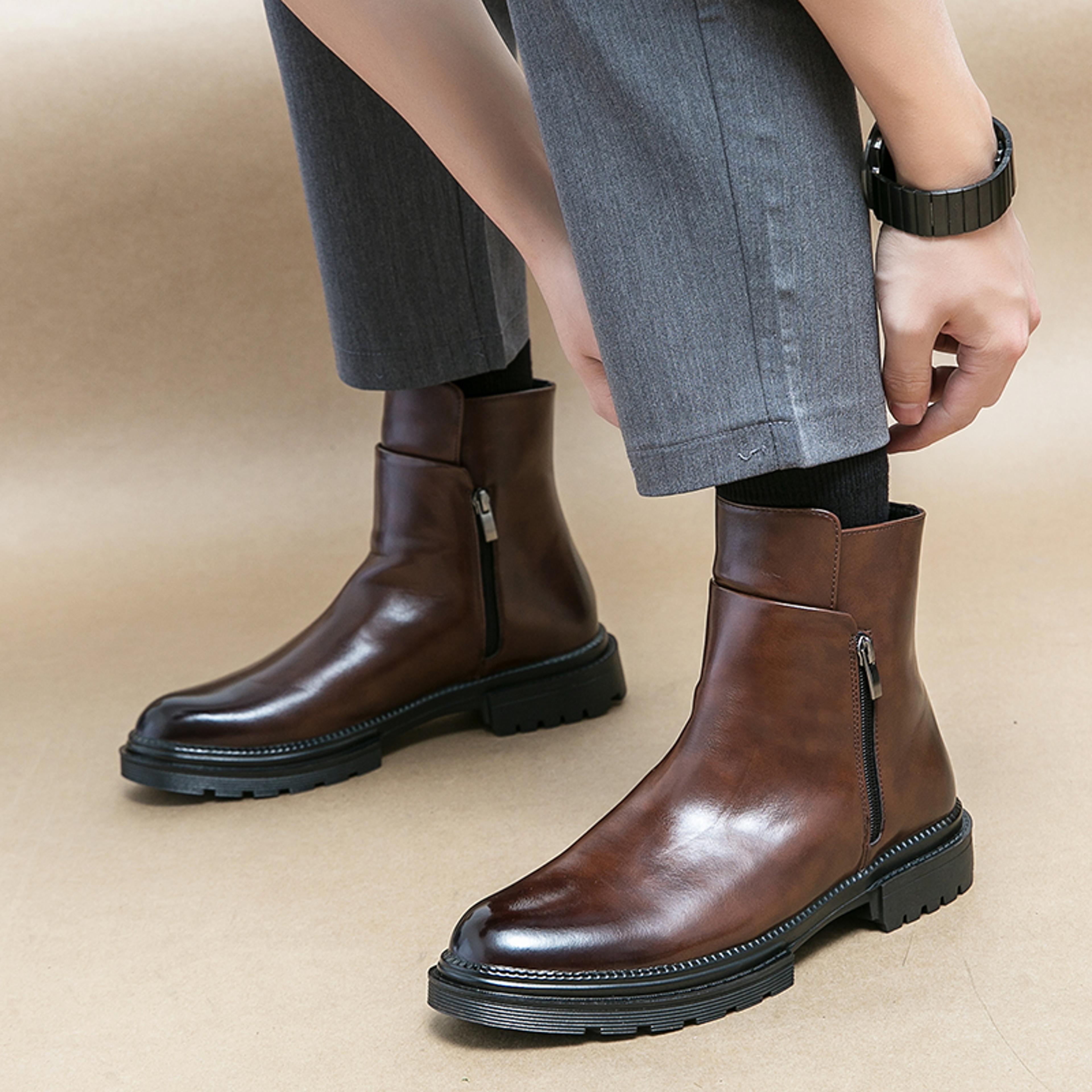 men's height-increasing chelsea boots, autumn leather high-tops, business casual, stylish short boots