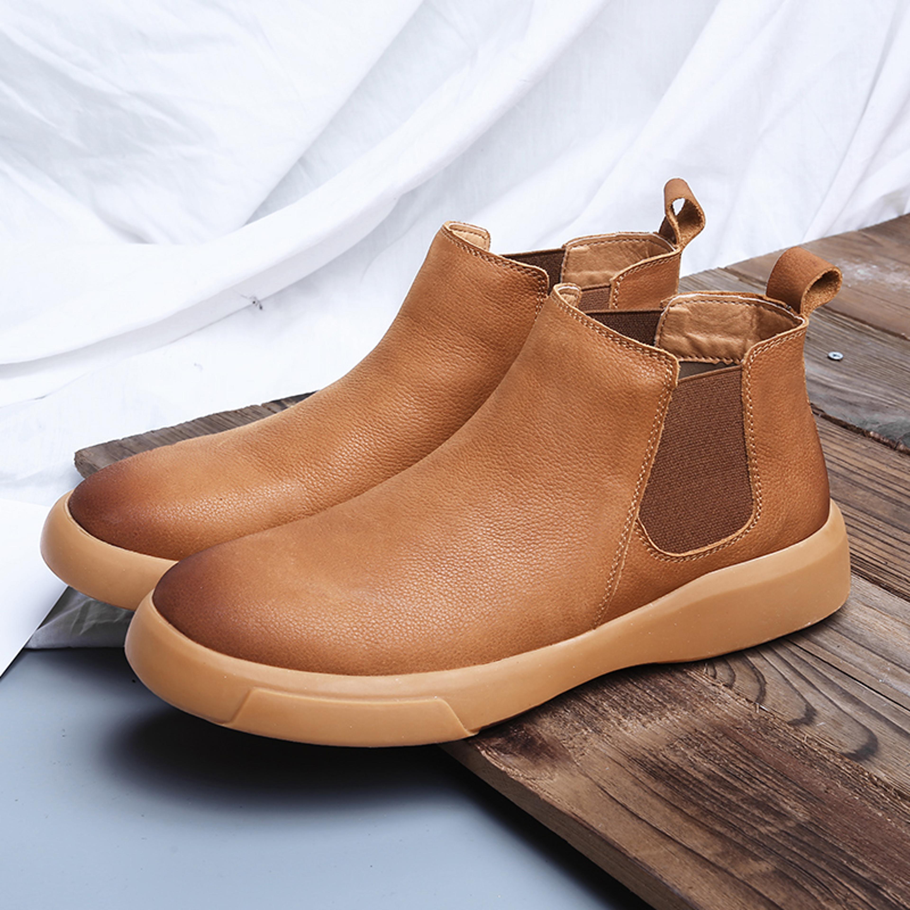 men winter leather ankle boots with fur, no-slip high top chelsea boots, casual work shoes for outdoors