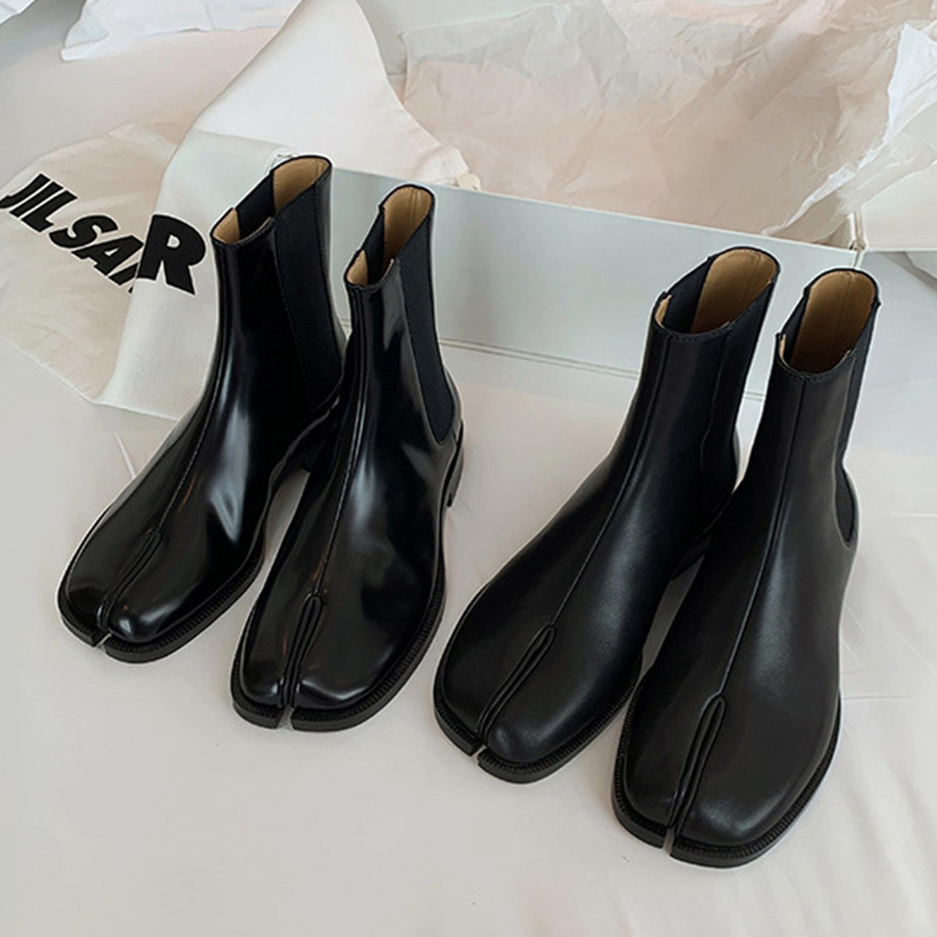 retro split toe ankle boots, shiny & matte leather tabi shoes, ninja chelsea botas mujer