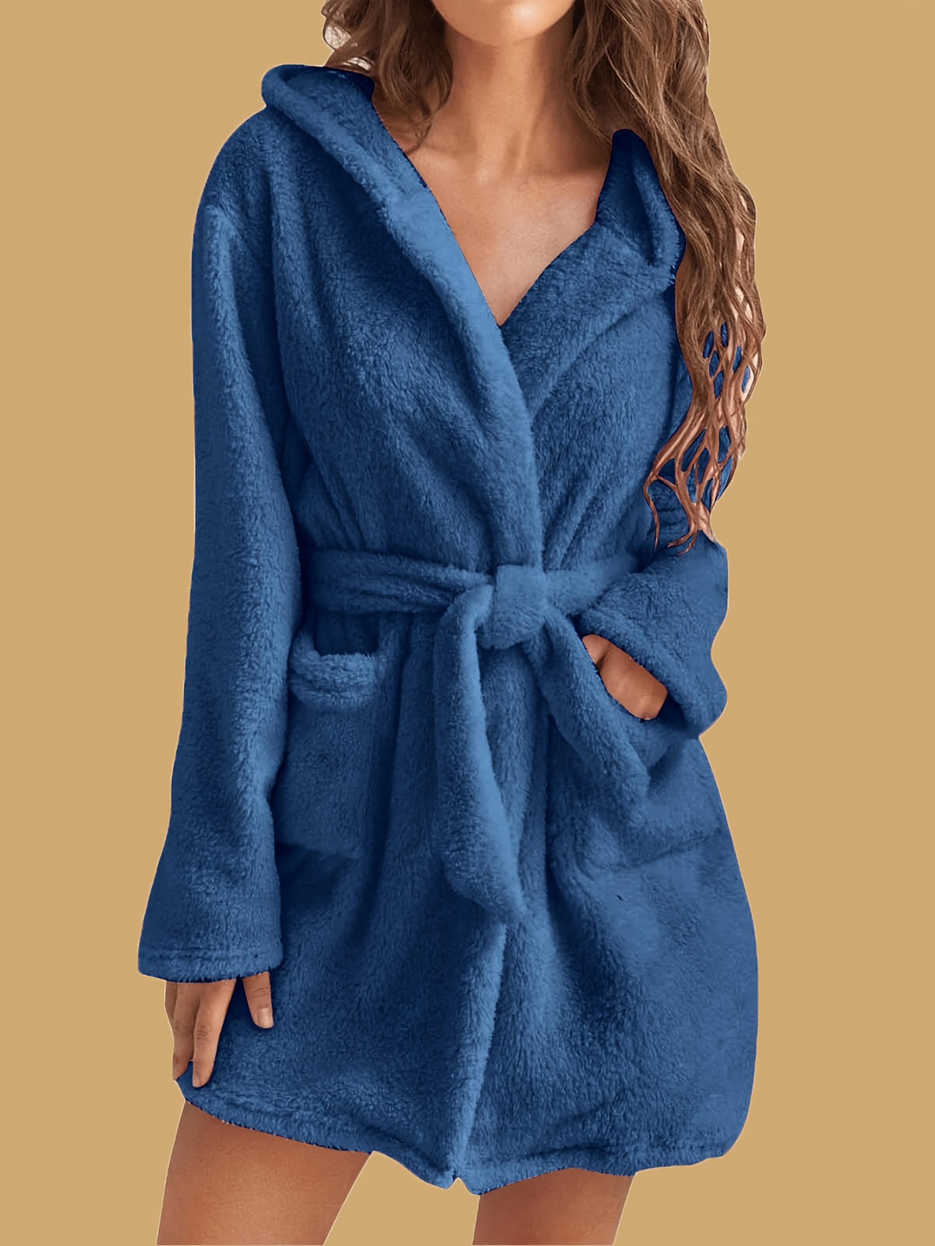 cozy and warm women's solid color hooded robe with belt, fleece pajamas for home wear in autumn and winter