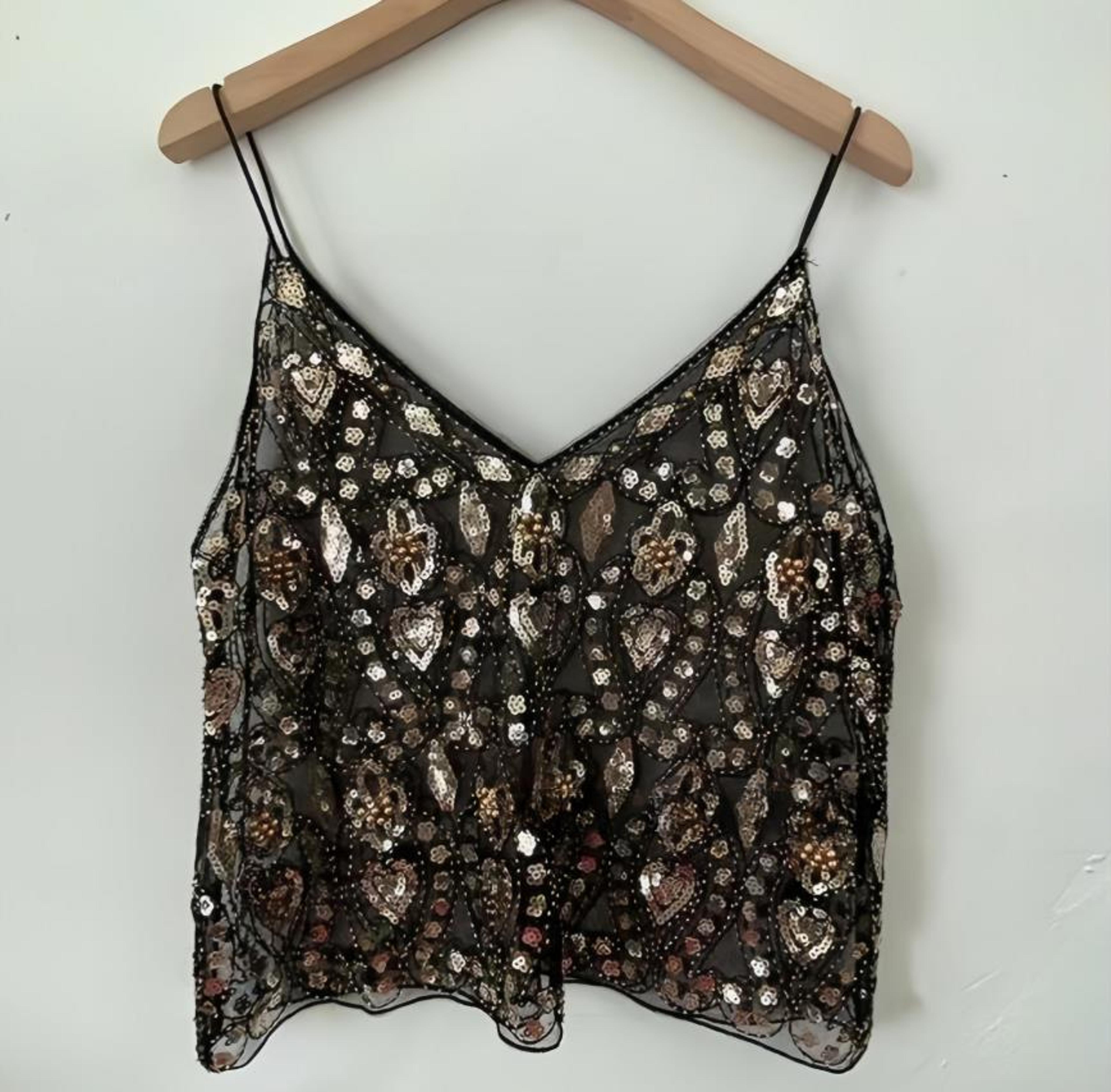 trendy women's sleeveless v neck camisoles, sequins beads flower pattern vests, open back see-through chic summer camis