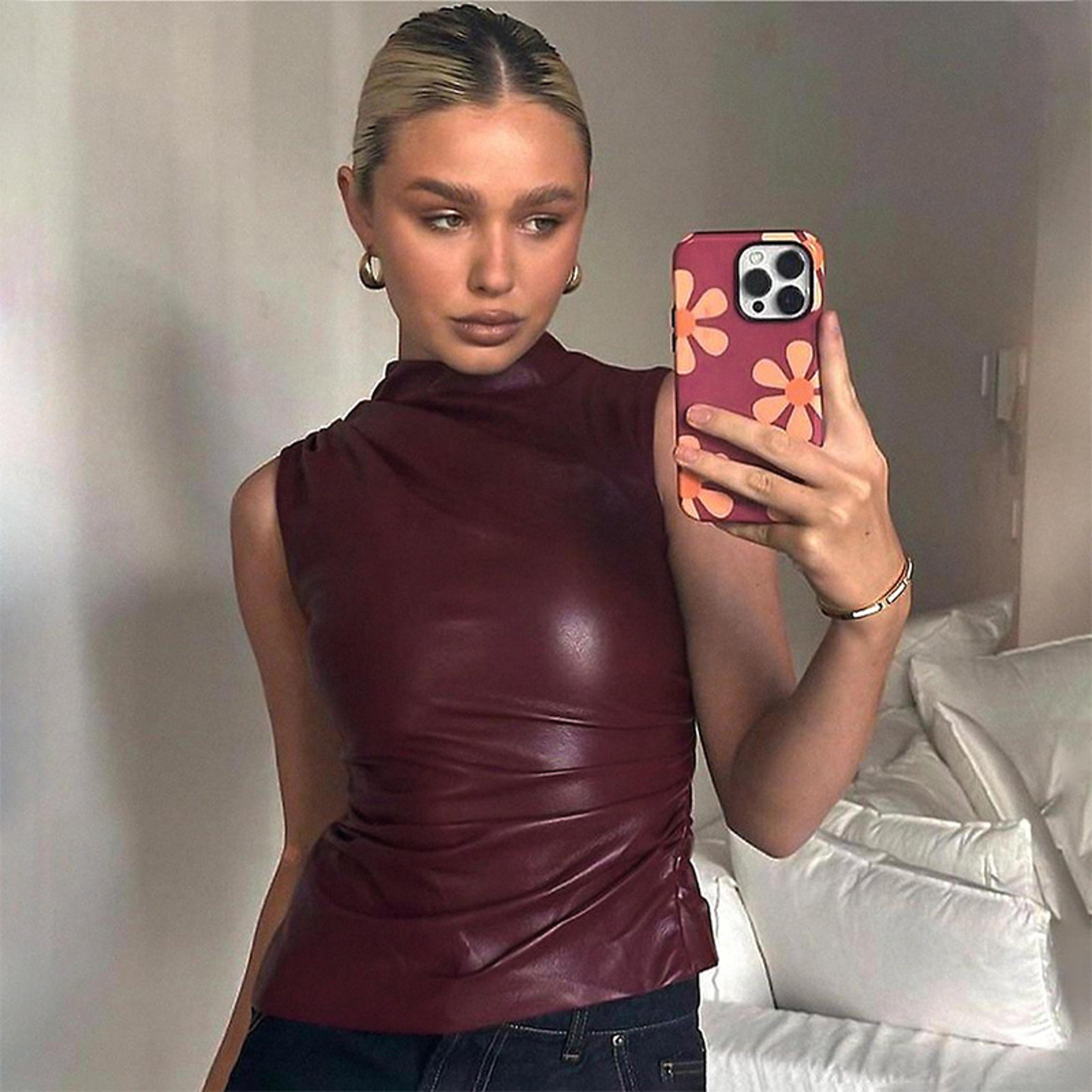 women vintage pu simple tank top, high waist skinny shrunk slash cut sleeveless shirts