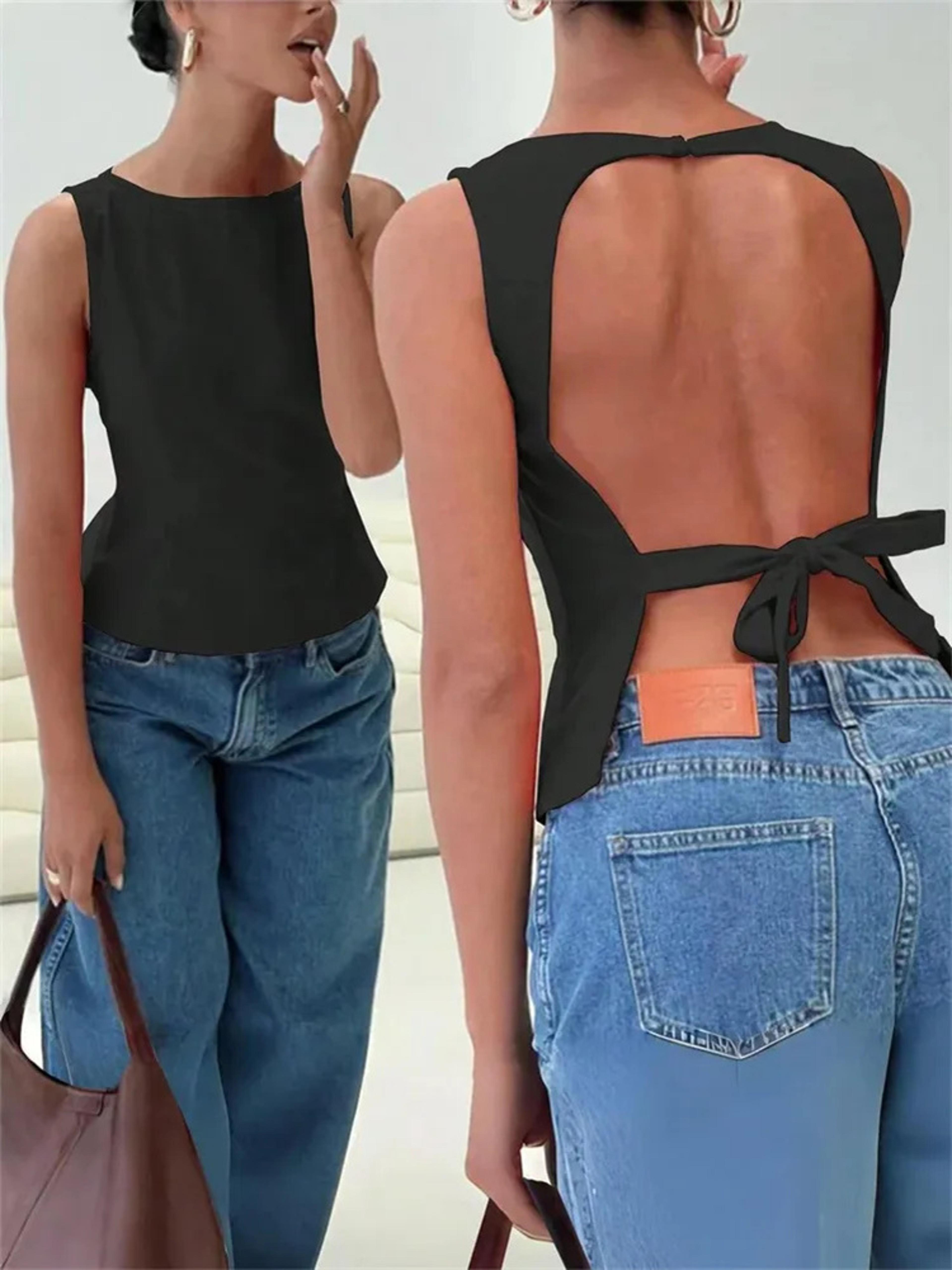 sexy solid color backless tank top for summer, women's sleeveless knot tee, streetwear clothes
