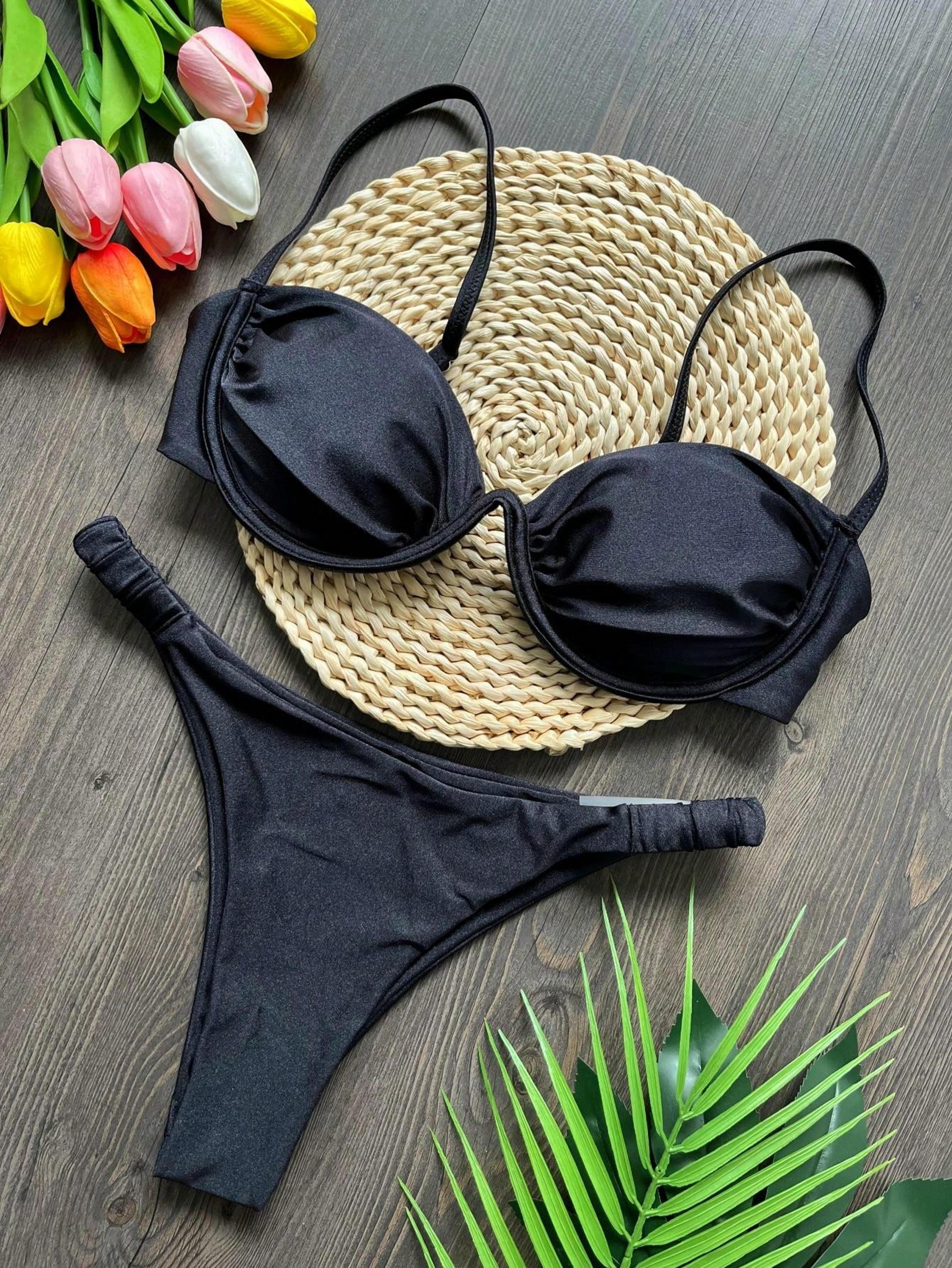 flower bikini set women black white, v wire underwired mini swimsuit, sexy beach bathing suit, pleate thong swimwear