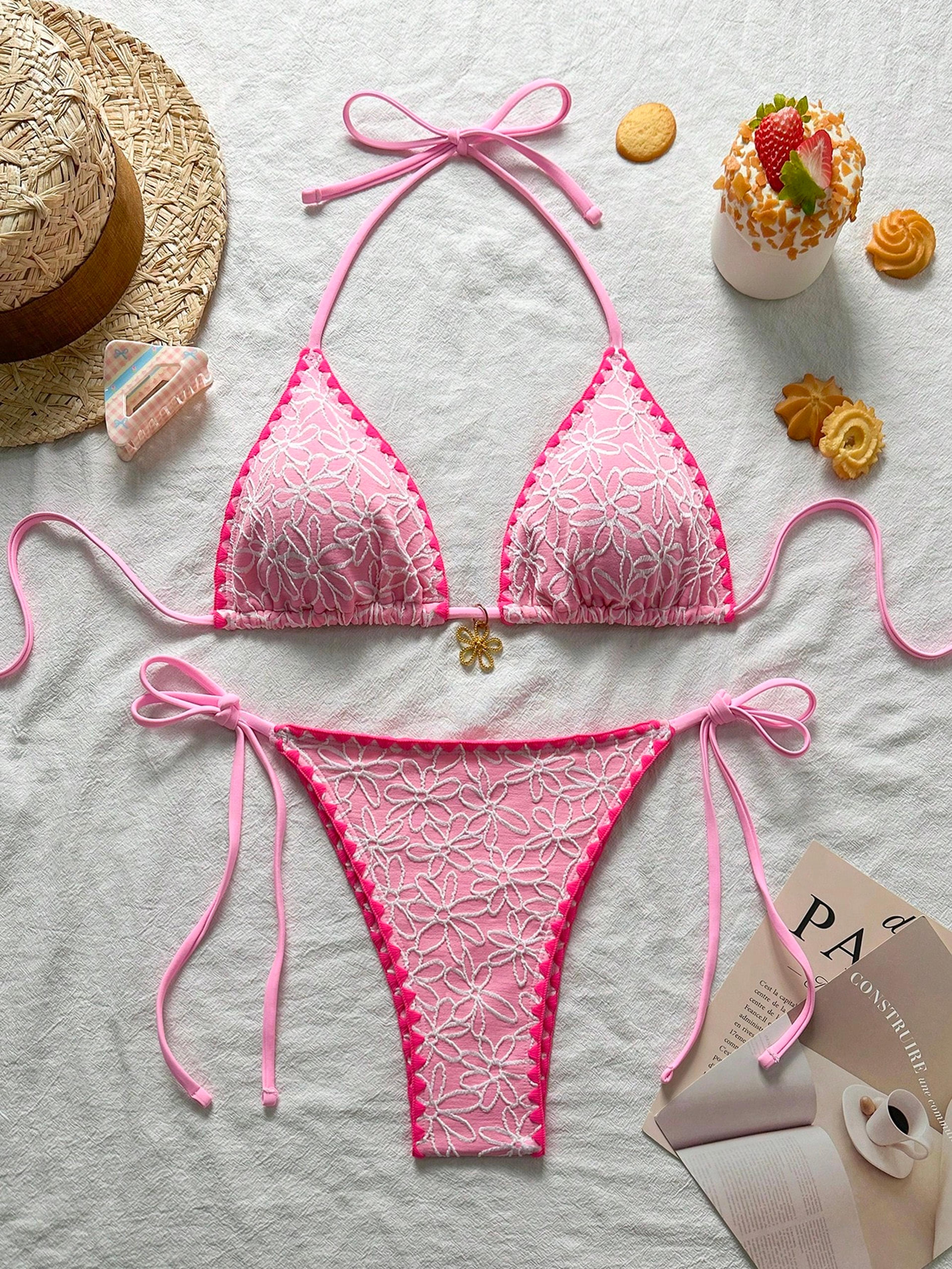 floral print bikini set, trendy textured fabric, halter tie-neck, contrast-trimmed edges & side-tie thong