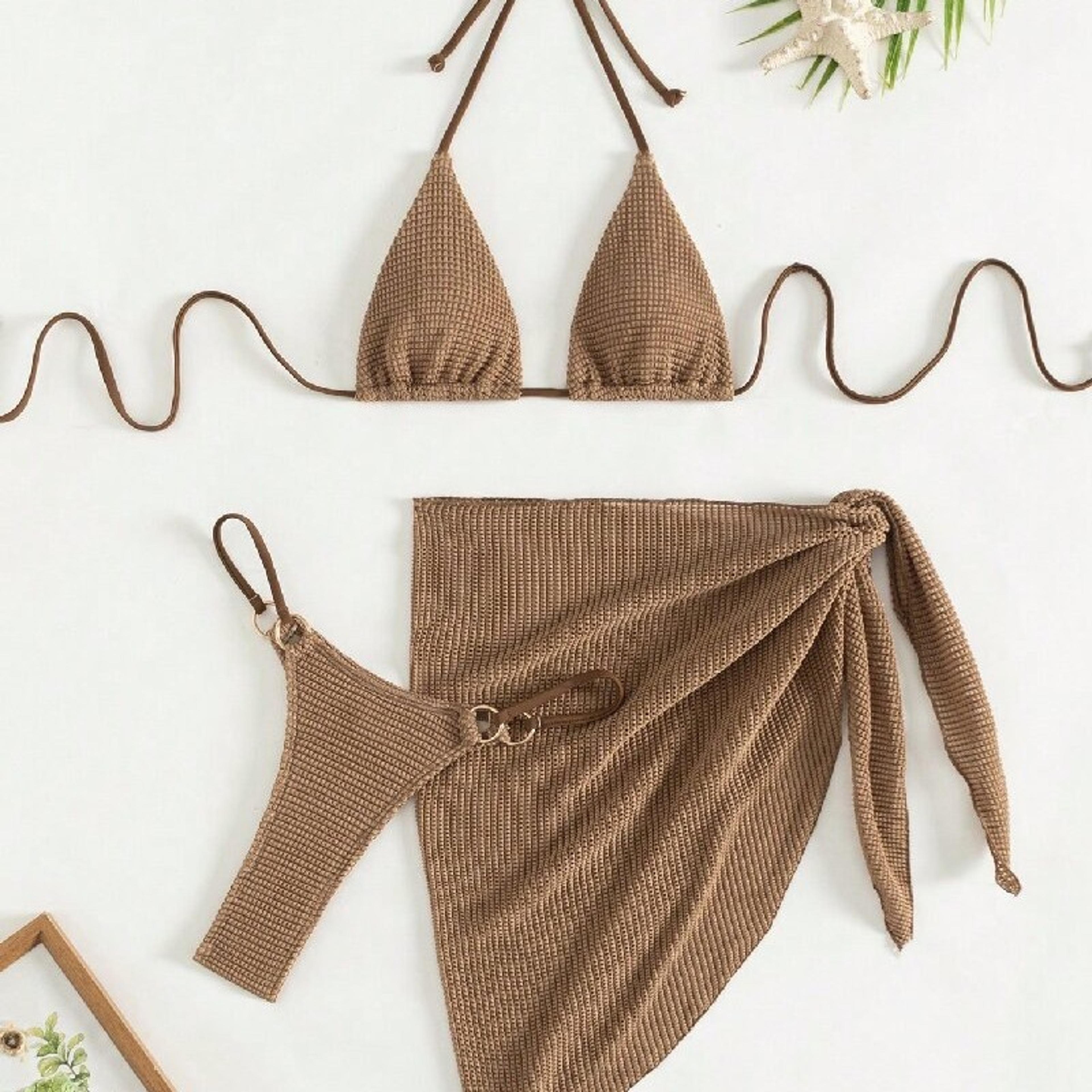 sexy brown bikini set, women halter push up bra, skirt swimsuit, 3 piece summer bathing suit, cover up thong swimwear