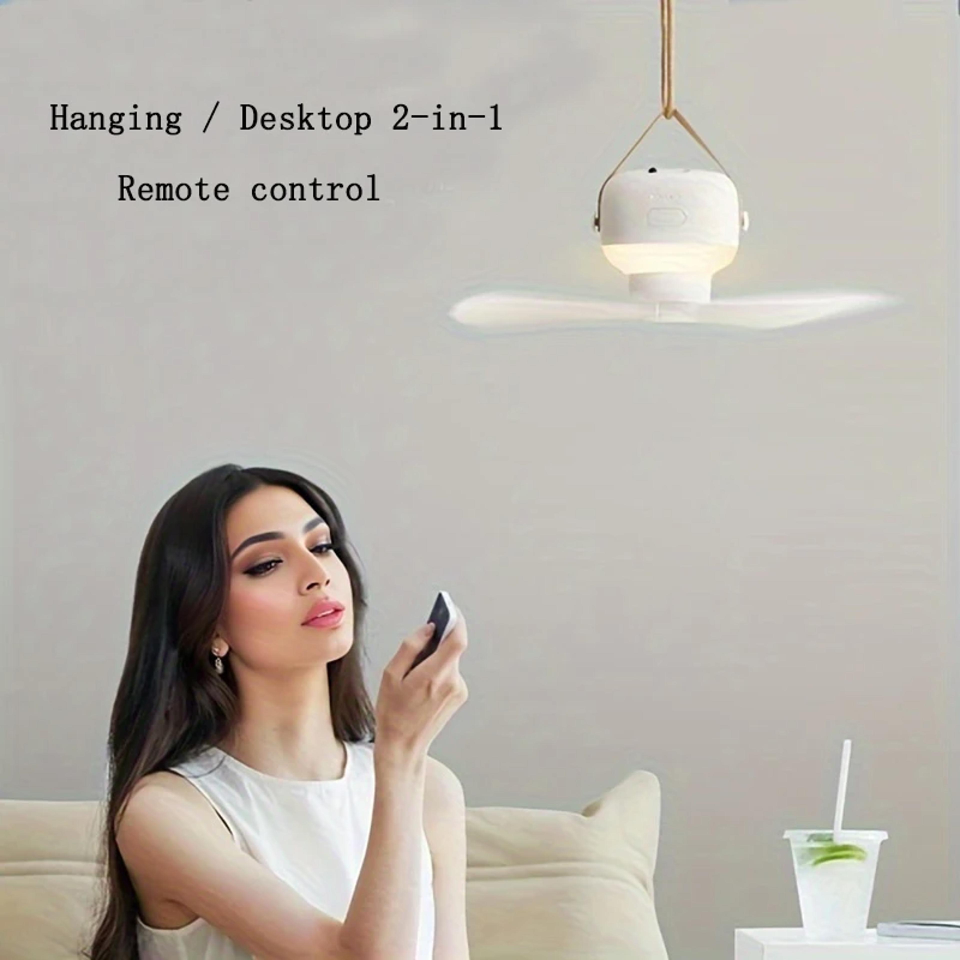 portable wireless mini ceiling fan with remote usb rechargeable, led light, for home, camping & outdoors