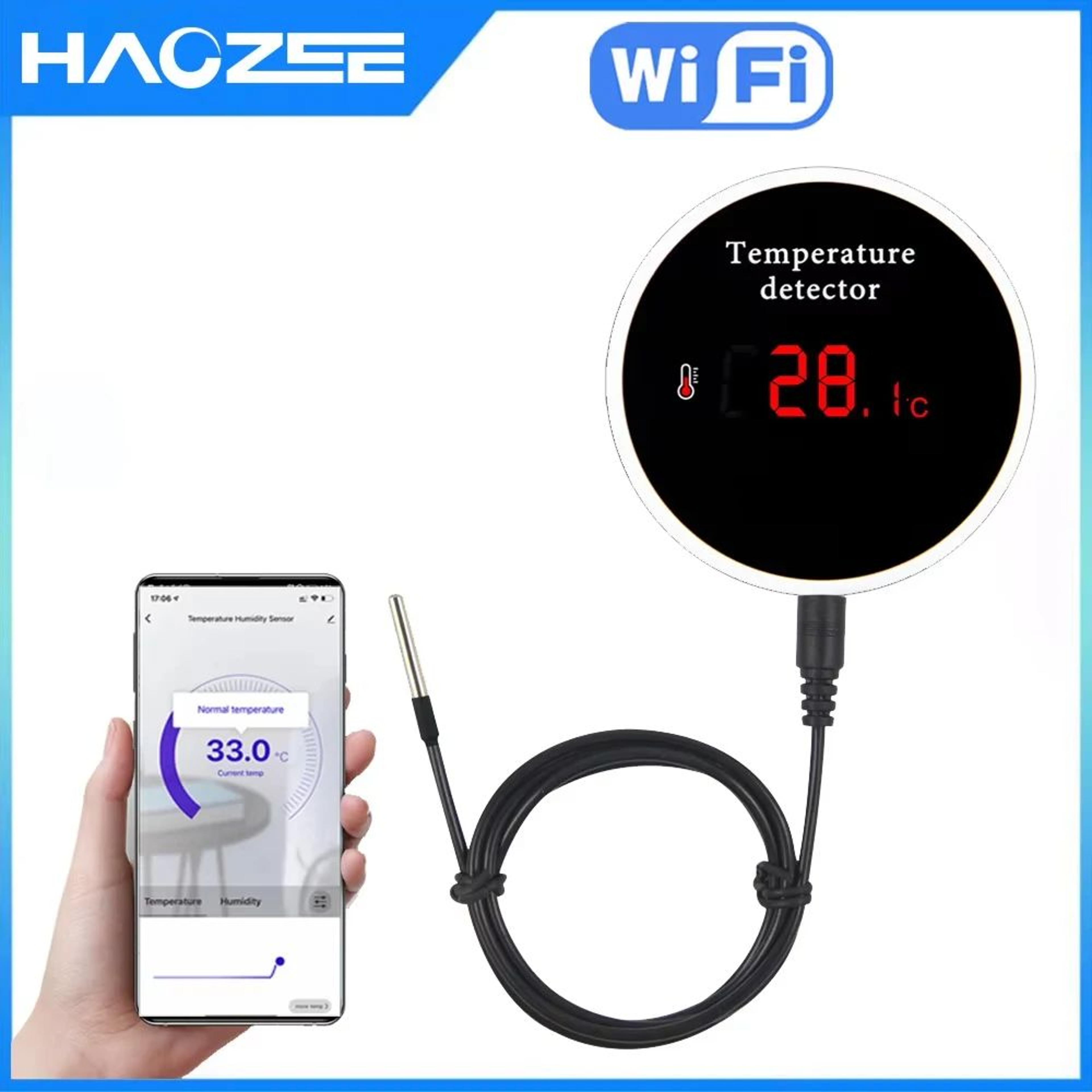 smart wifi thermometer, tuya-compatible with external probe, usb charging, app notifications, and alexa/google assistant