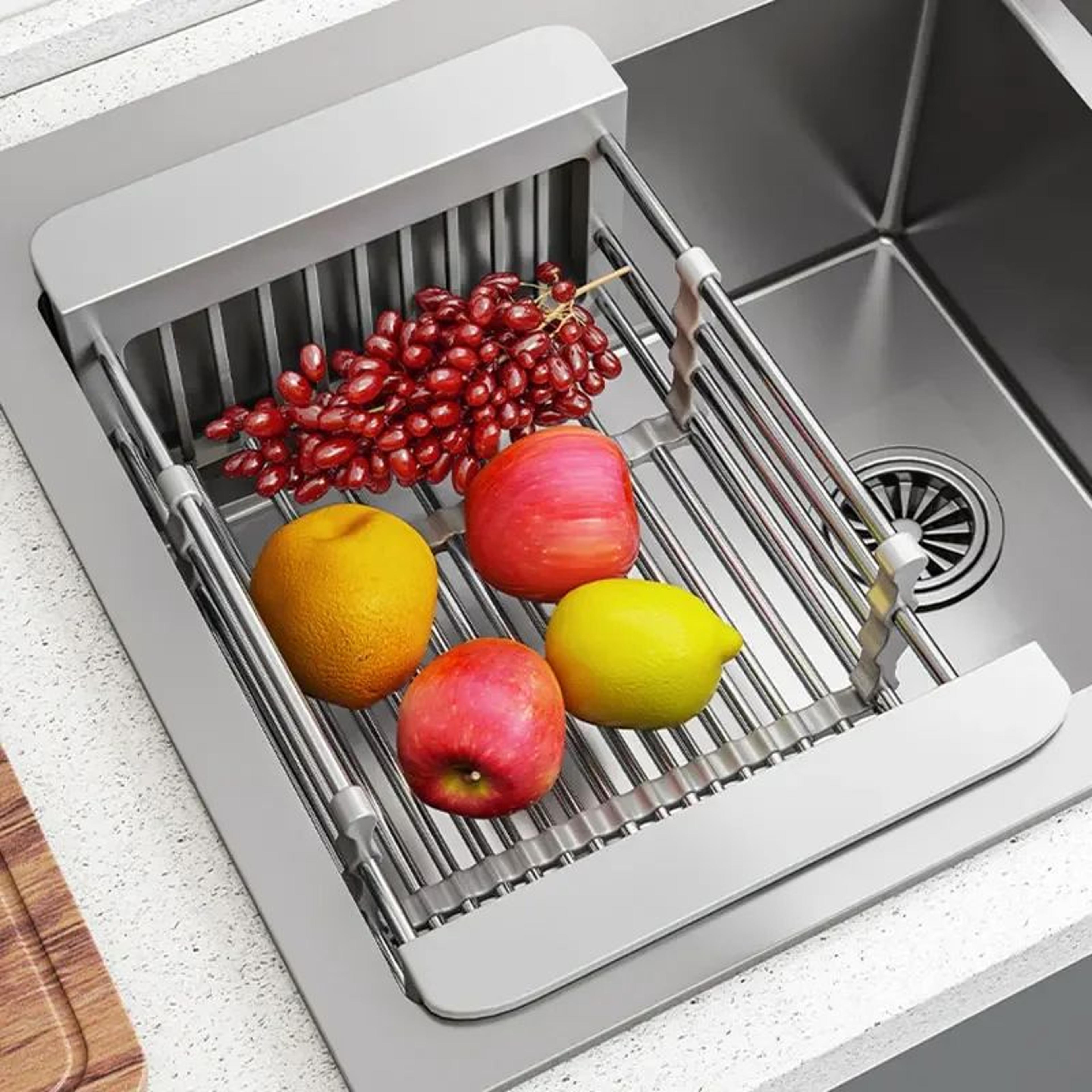 folding kitchen sink drain rack, stainless steel dish drying basket & space-saving sink organizer