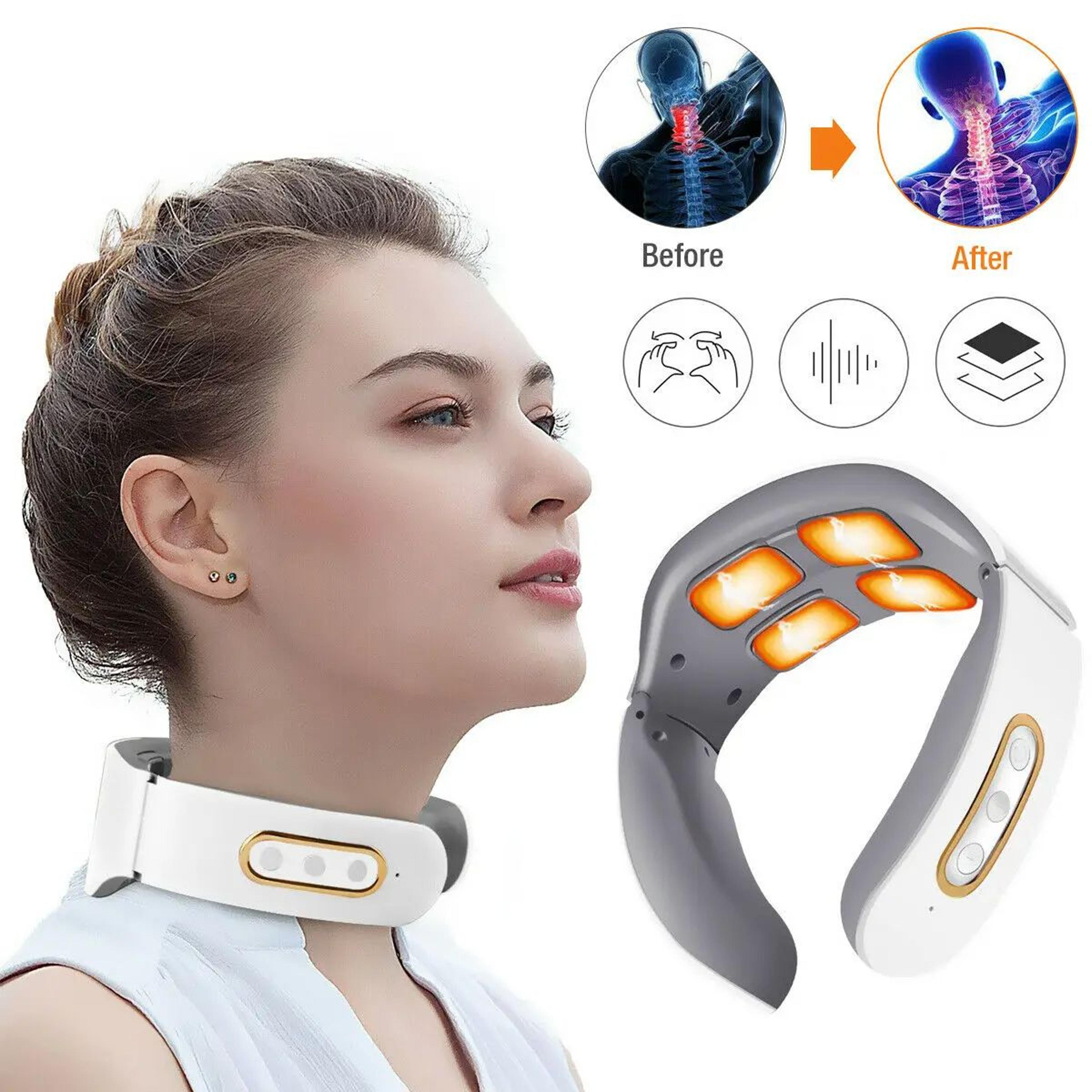 electric neck & shoulder massager 4-head kneading with tens, magnetic pulse heating for cervical pain relief relaxation
