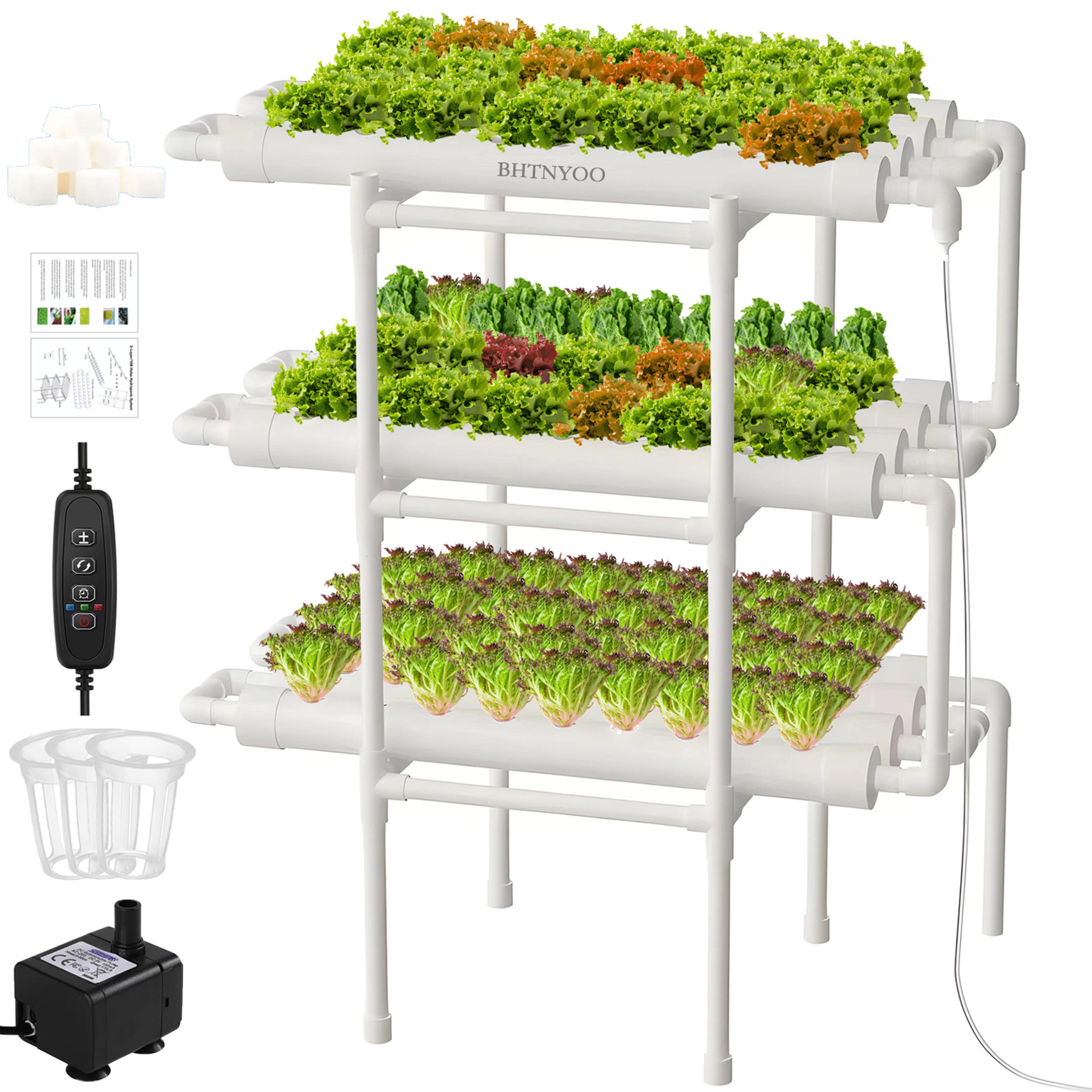 hydroponics growing system kit, 3-layer pvc-pipe cultivation for vegetables & herbs with 108 sites