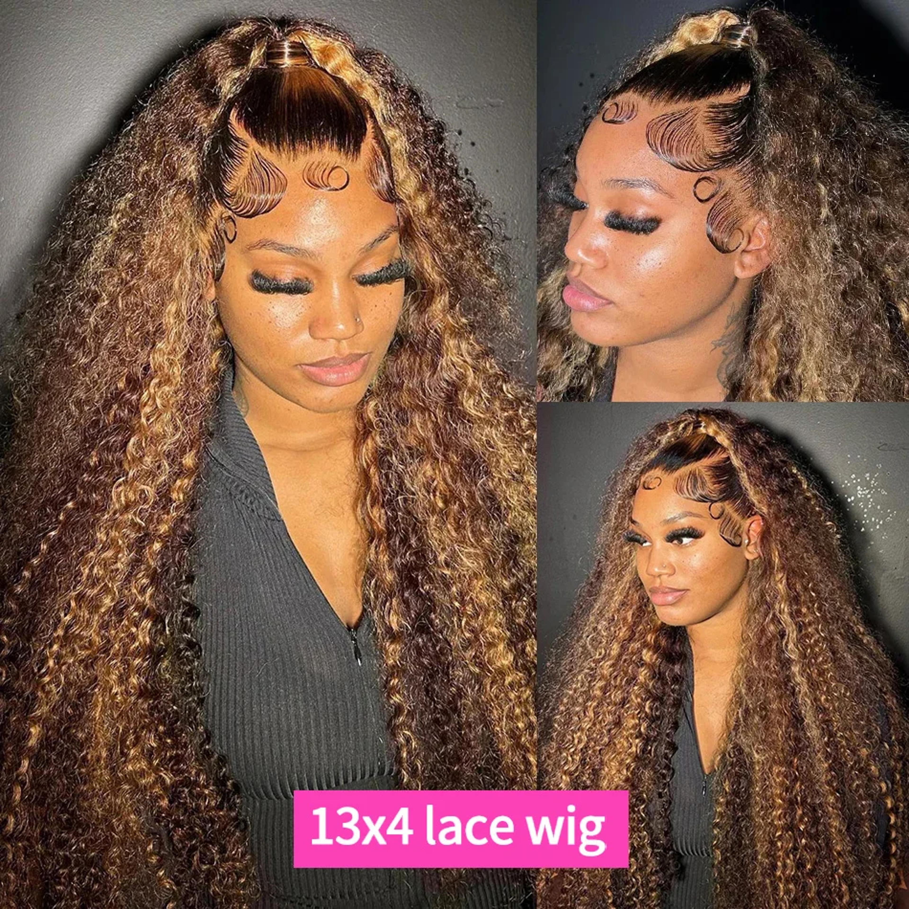 honey blonde highlight human hair wig, deep wave lace front hd lace frontal curly brazilian wig for women