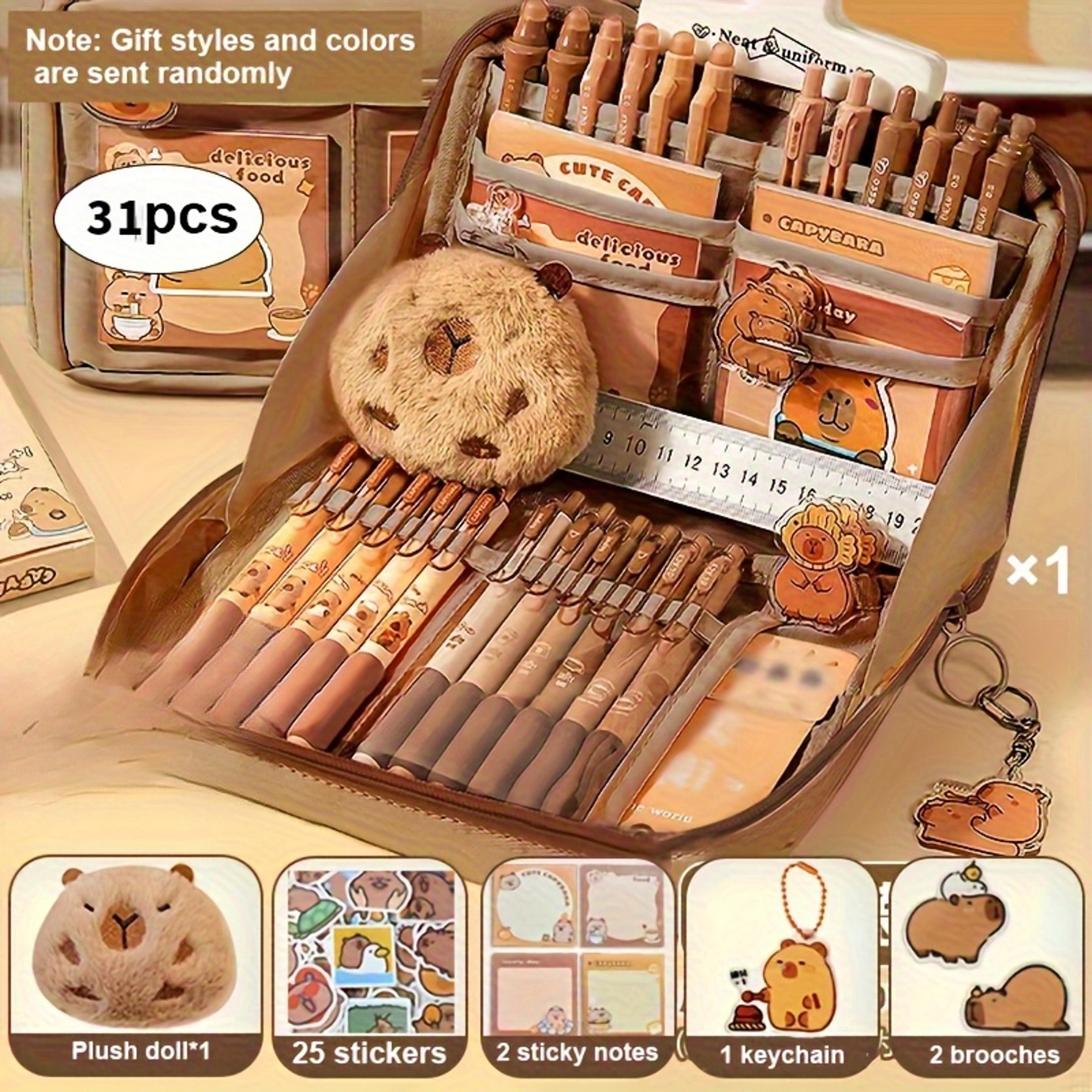 cute capybara stationery set , school pencil case box with stickers, multi-layer organizer, brooch, keychain gift