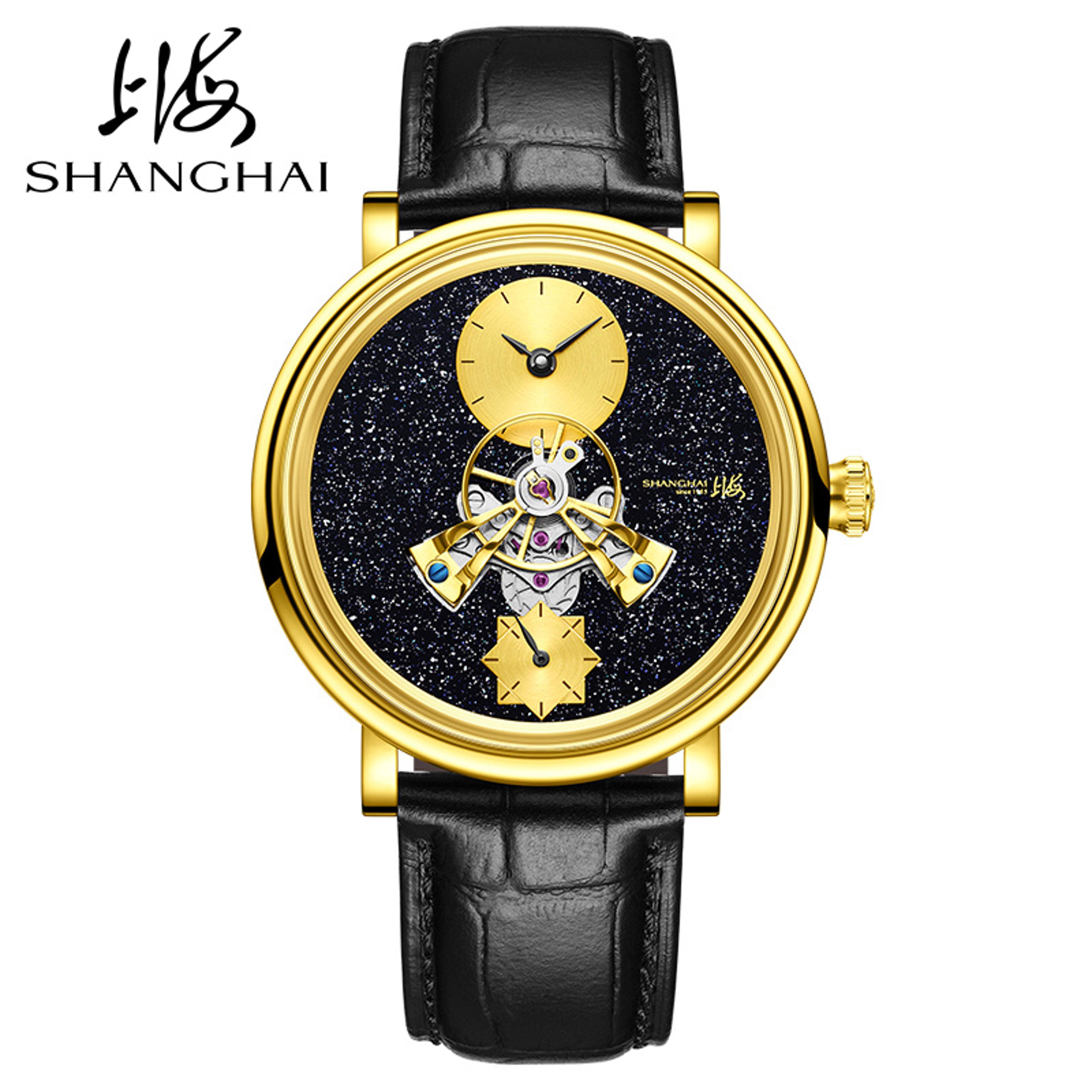 men mechanical watch shanghai movement, dome mirror sapphire crystal, luxury tourbillon, leather strap classic