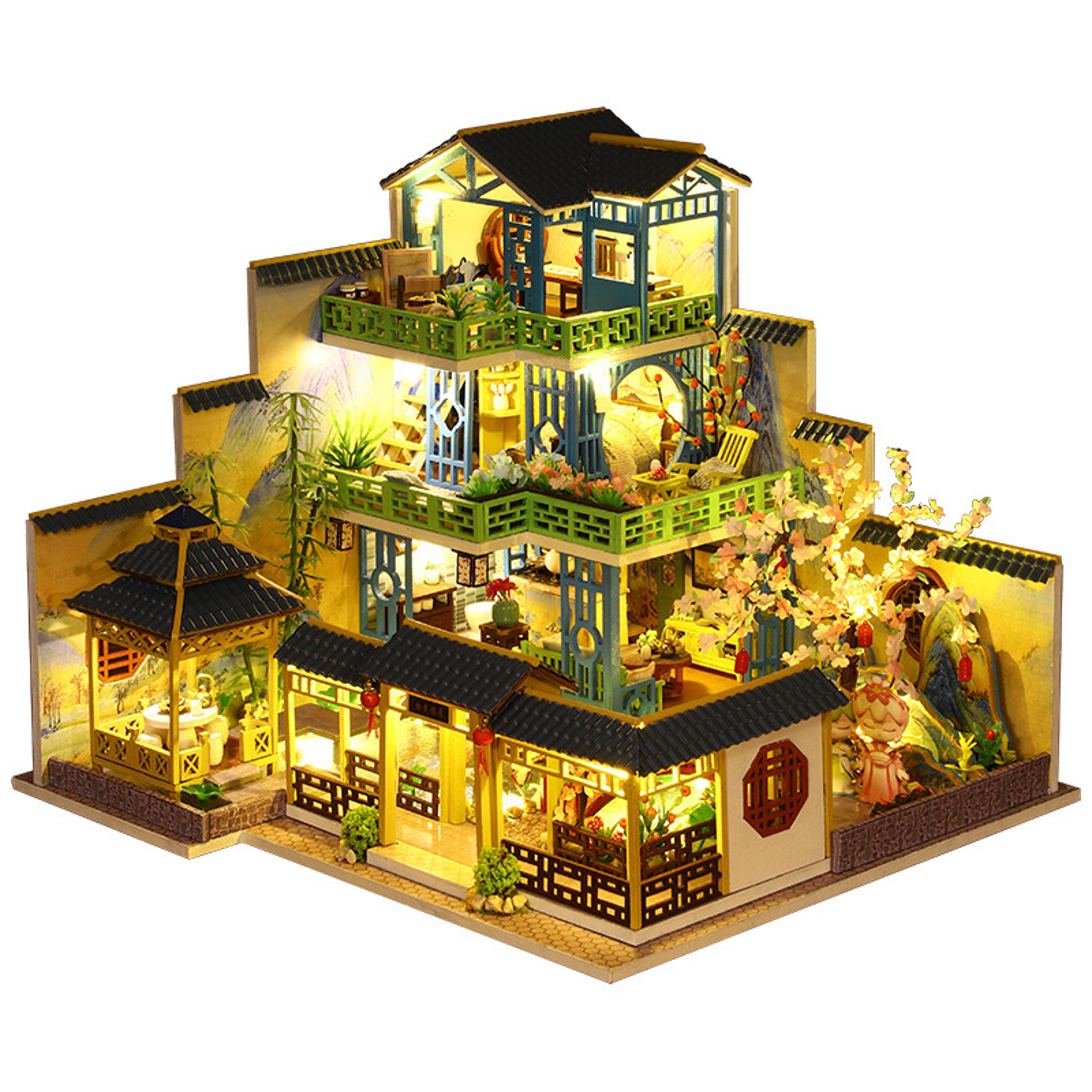 diy wooden dollhouse with furniture and light, casa miniature doll house kit, chinese style villa model toys birthday