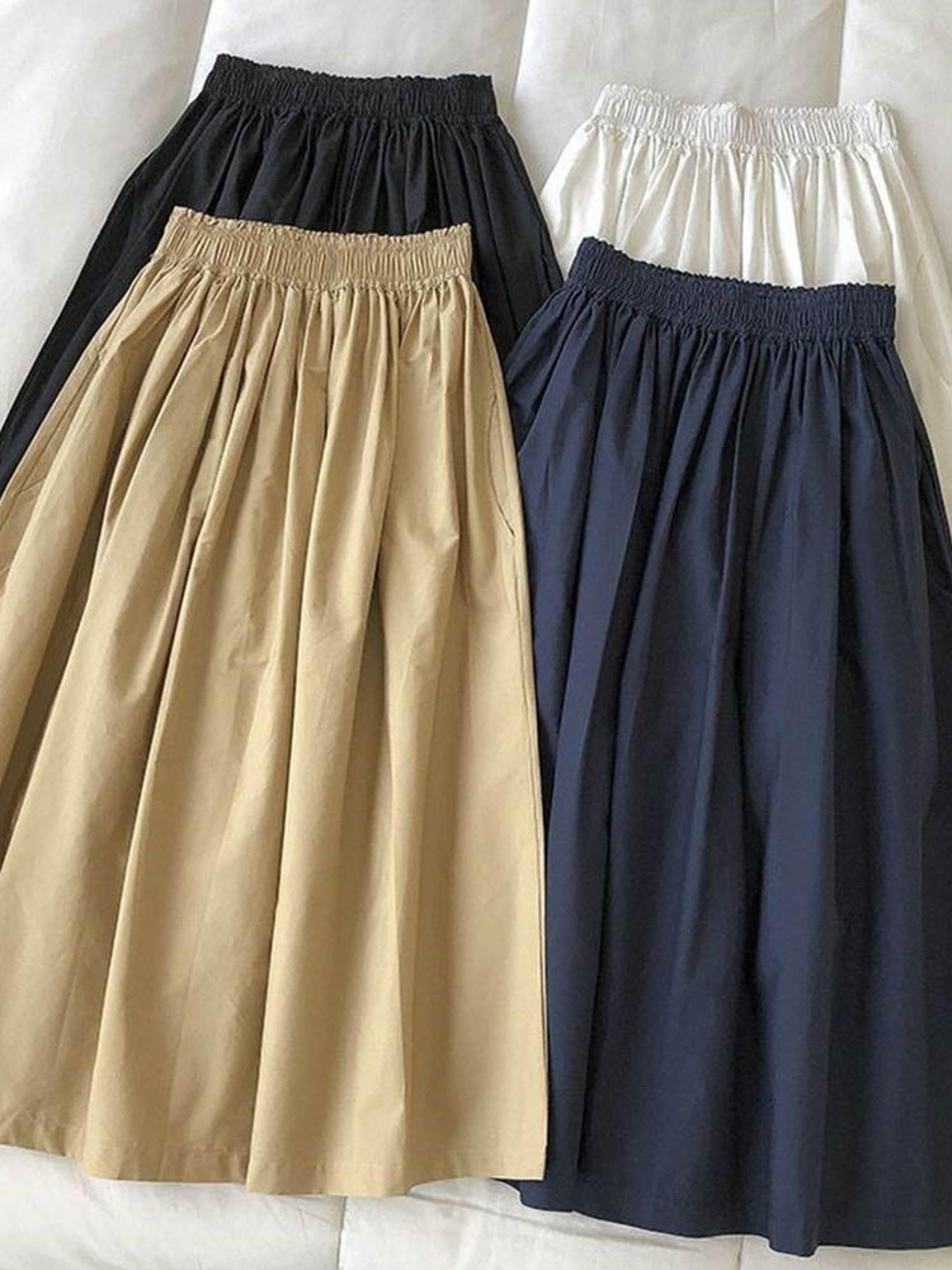 women's high waist white long skirt, a-line knee-length pleated skirt with pockets, casual elegant fashion for autumn