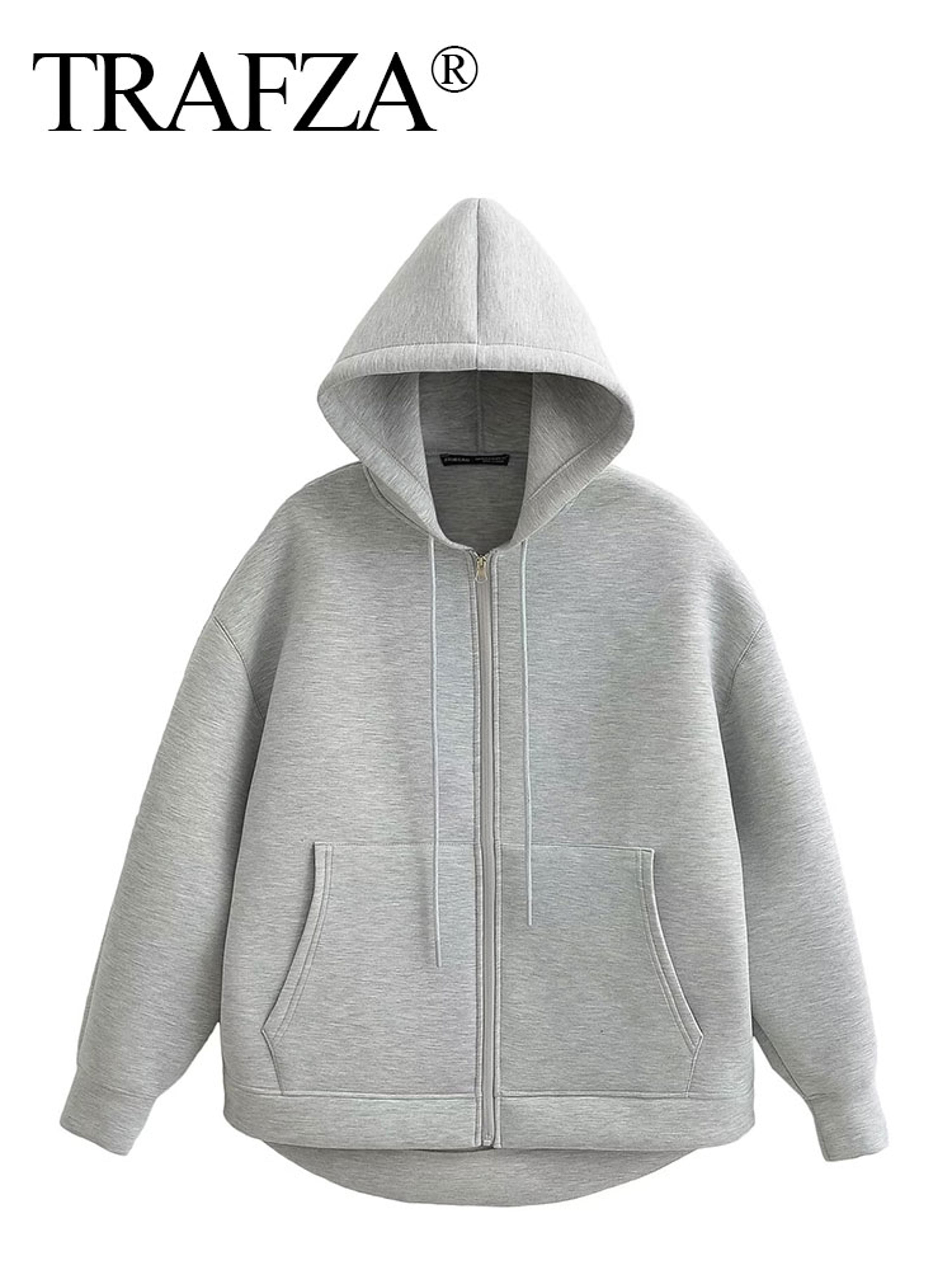 trafza women's autumn jacket, oversized gray hooded coat, casual long sleeve zipper outerwear with big pockets