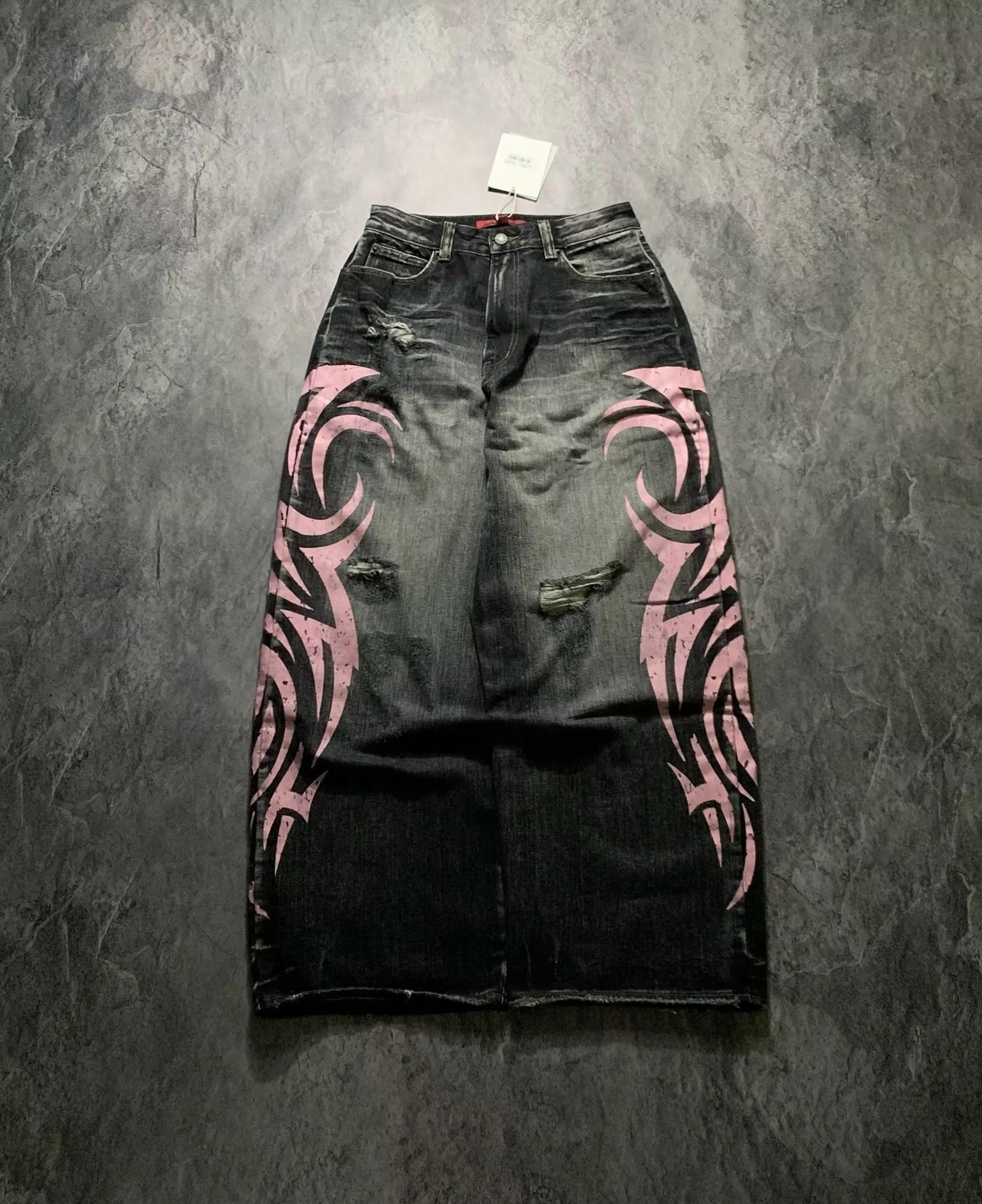 street retro jeans for women, mottled totem print, loose fit hip hop pants, american straight wide leg couple jeans