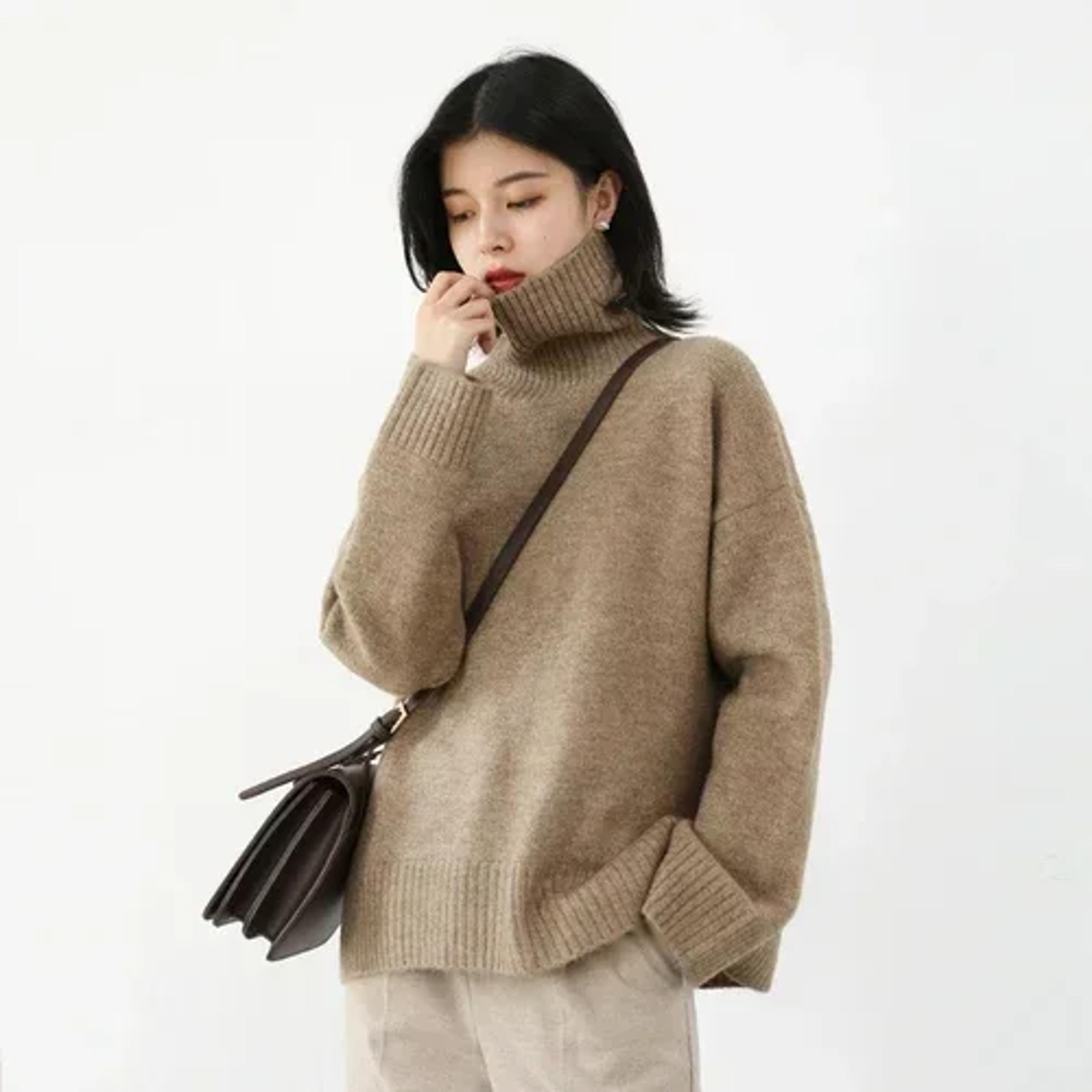 womens turtleneck sweater, loose fit pullover, warm knitwear, solid basic top, autumn winter fashion