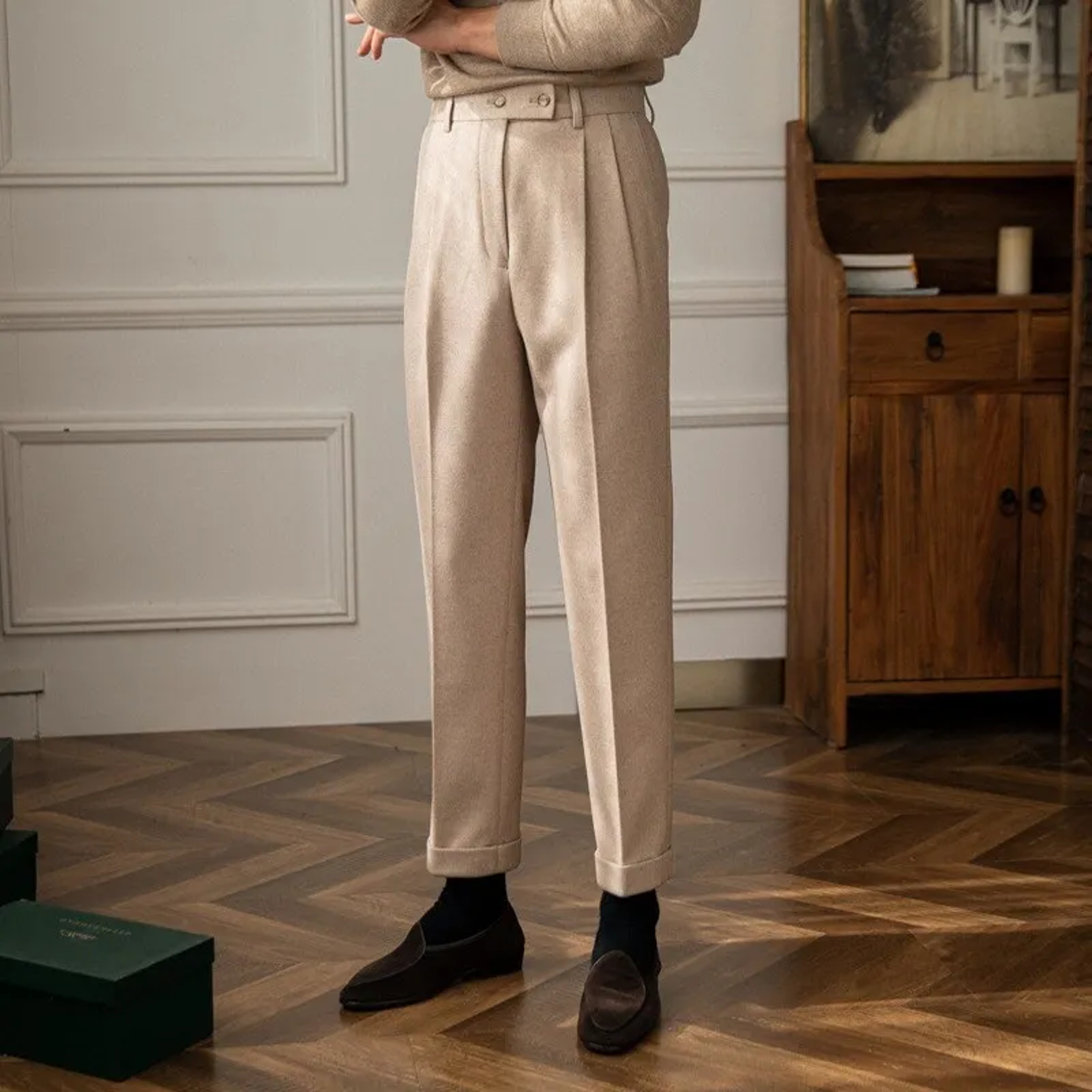 mens winter wool dress pants Heritage Thompson Italian Wool Dress Pant Tan Plaid / 42