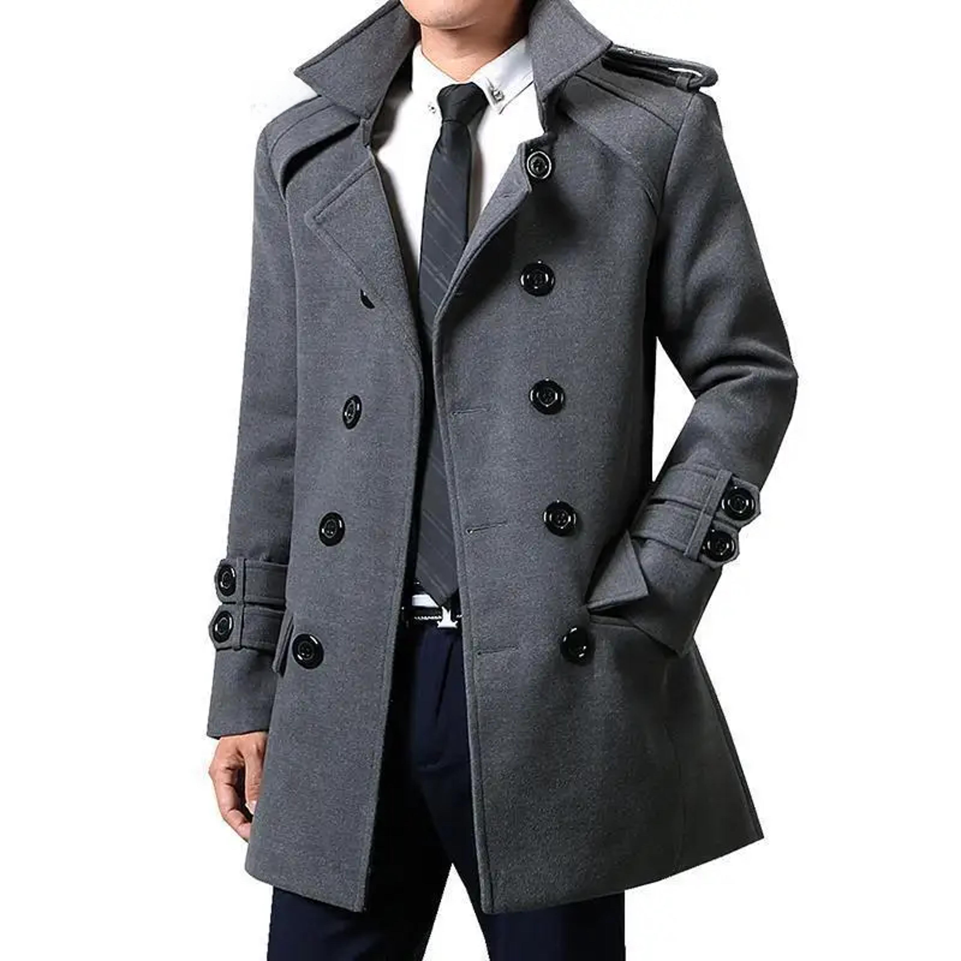 mens winter woolen trench coat, british style double breasted slimming overcoat, medium length