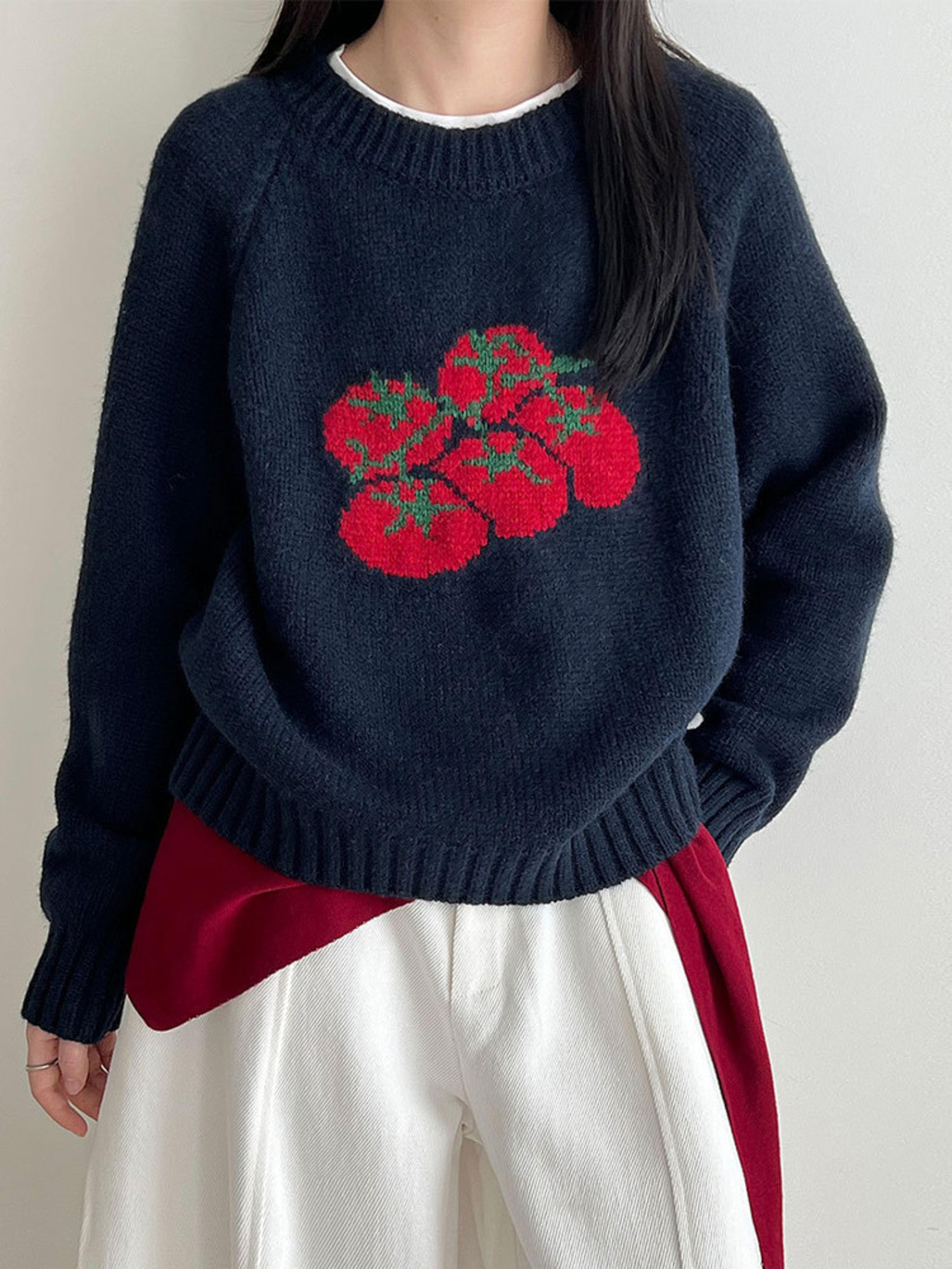 autumn new soft pullover, tomato pattern knitted sweater, loose round neck