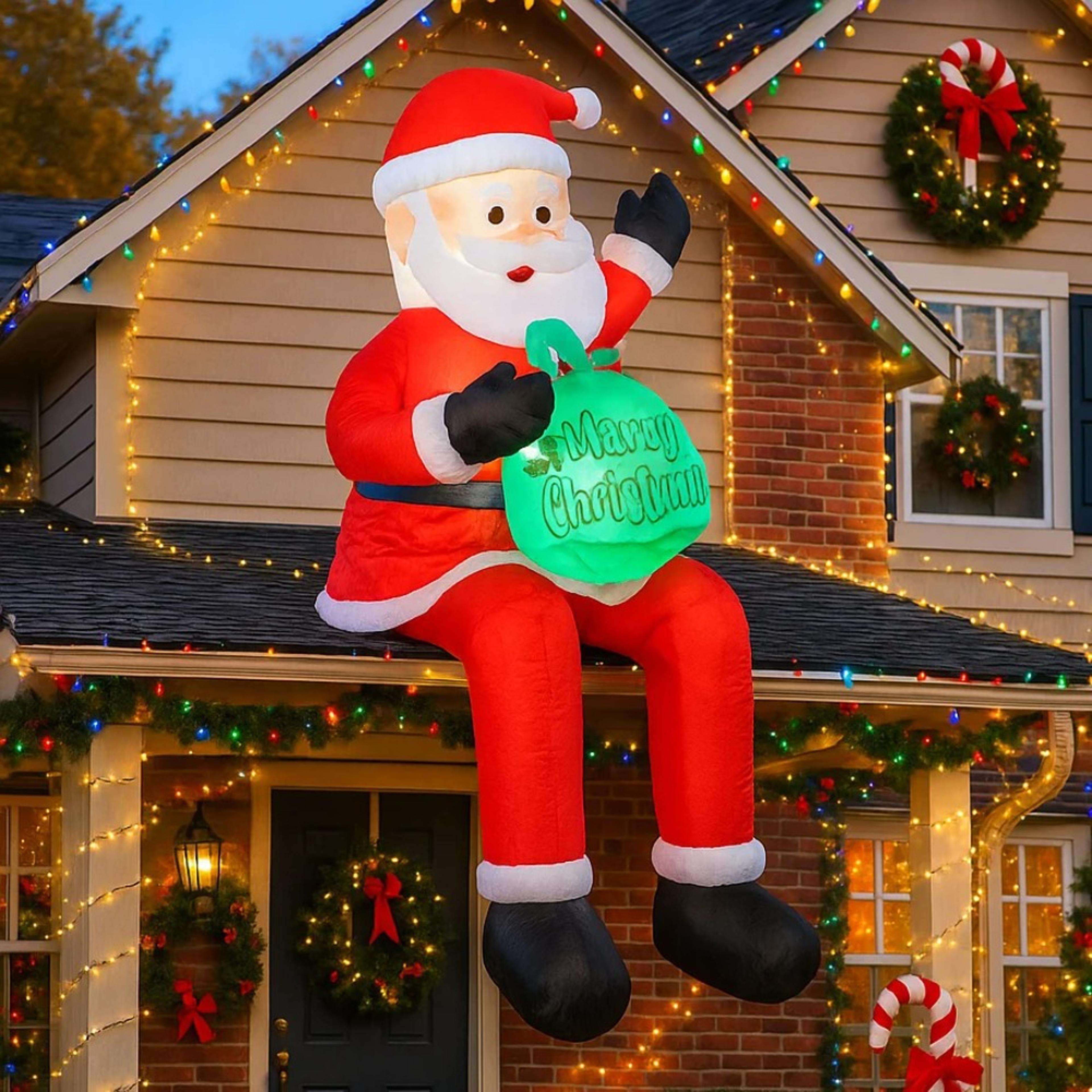 led holiday lights, inflatable santa claus on roof, xmas yard decoration with gift bag