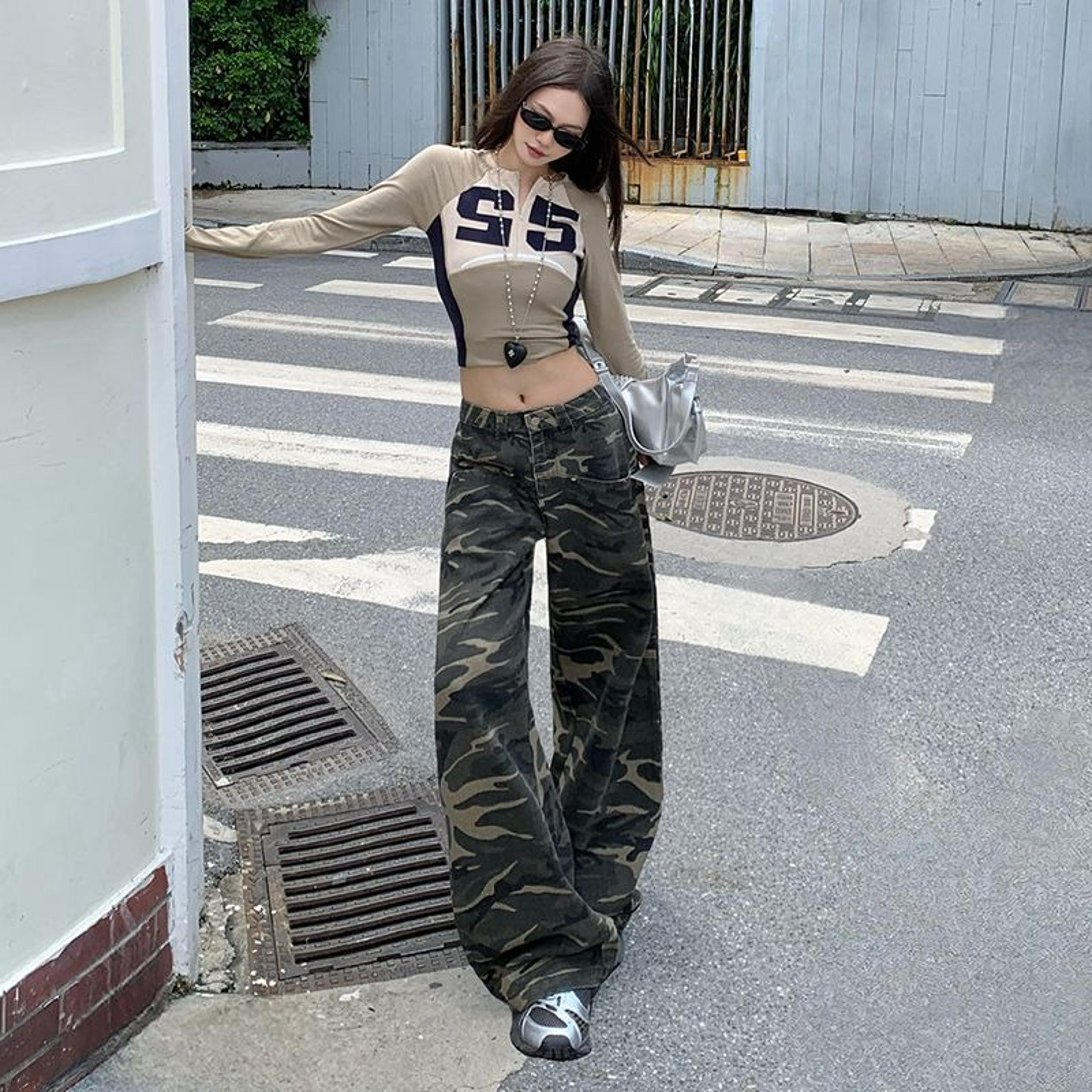 autumn winter low rise jeans, ladies baggy drawstring mop camouflage pants women american high street