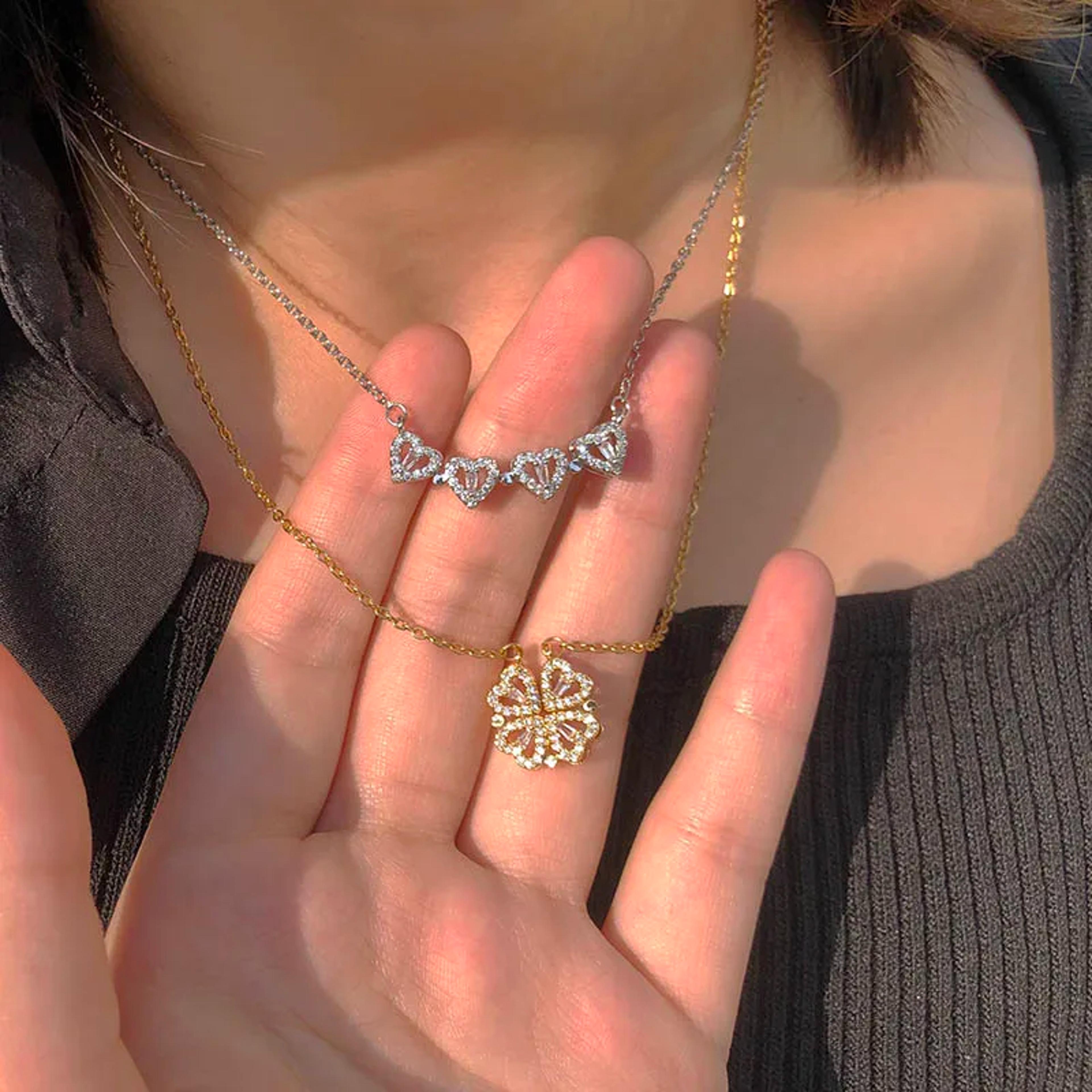 openable heart four leaf clover pendant necklace, vintage magnetic choker jewelry, women zircon love gifts