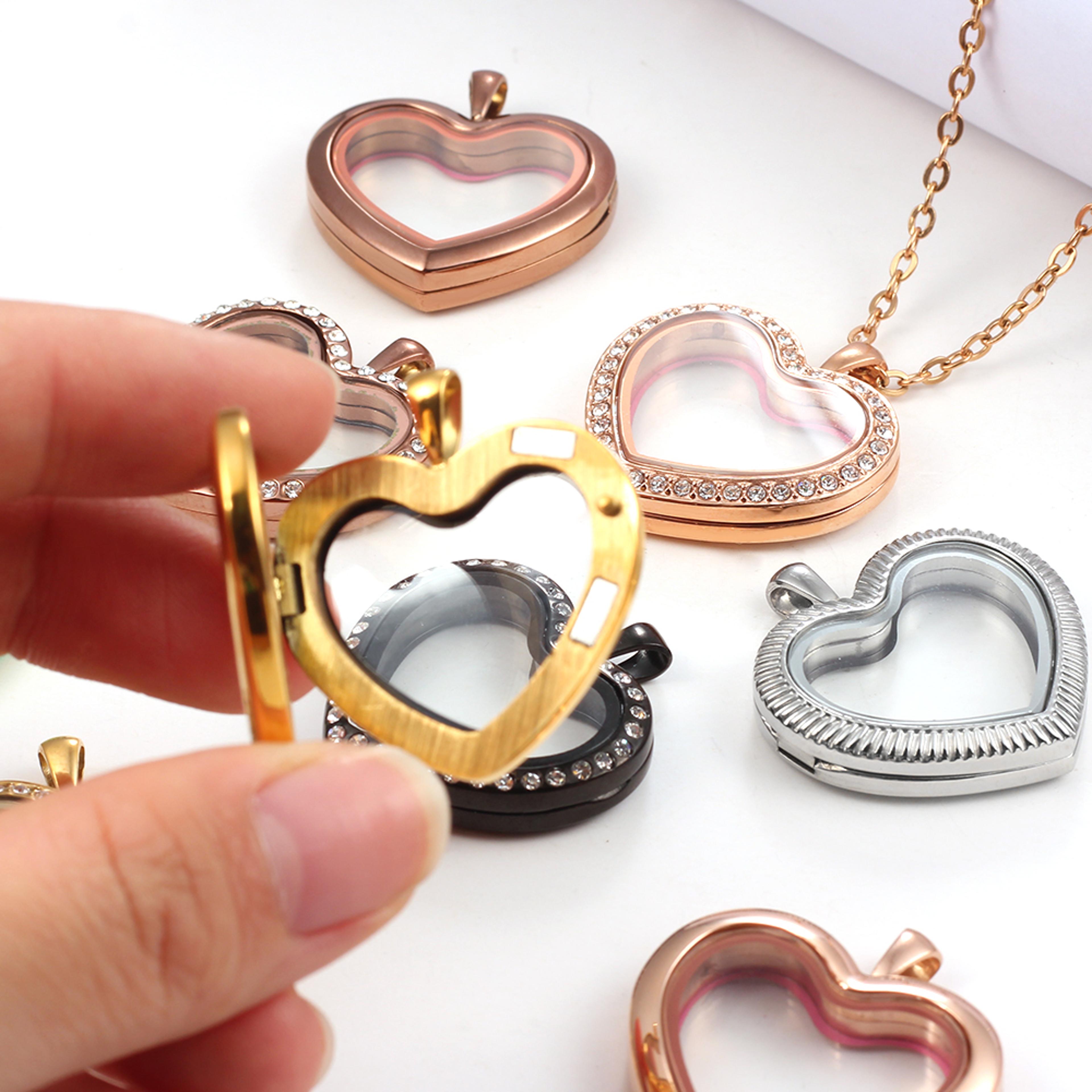 stainless steel living glass locket, peach heart floating charm, magnetic closure chain necklace