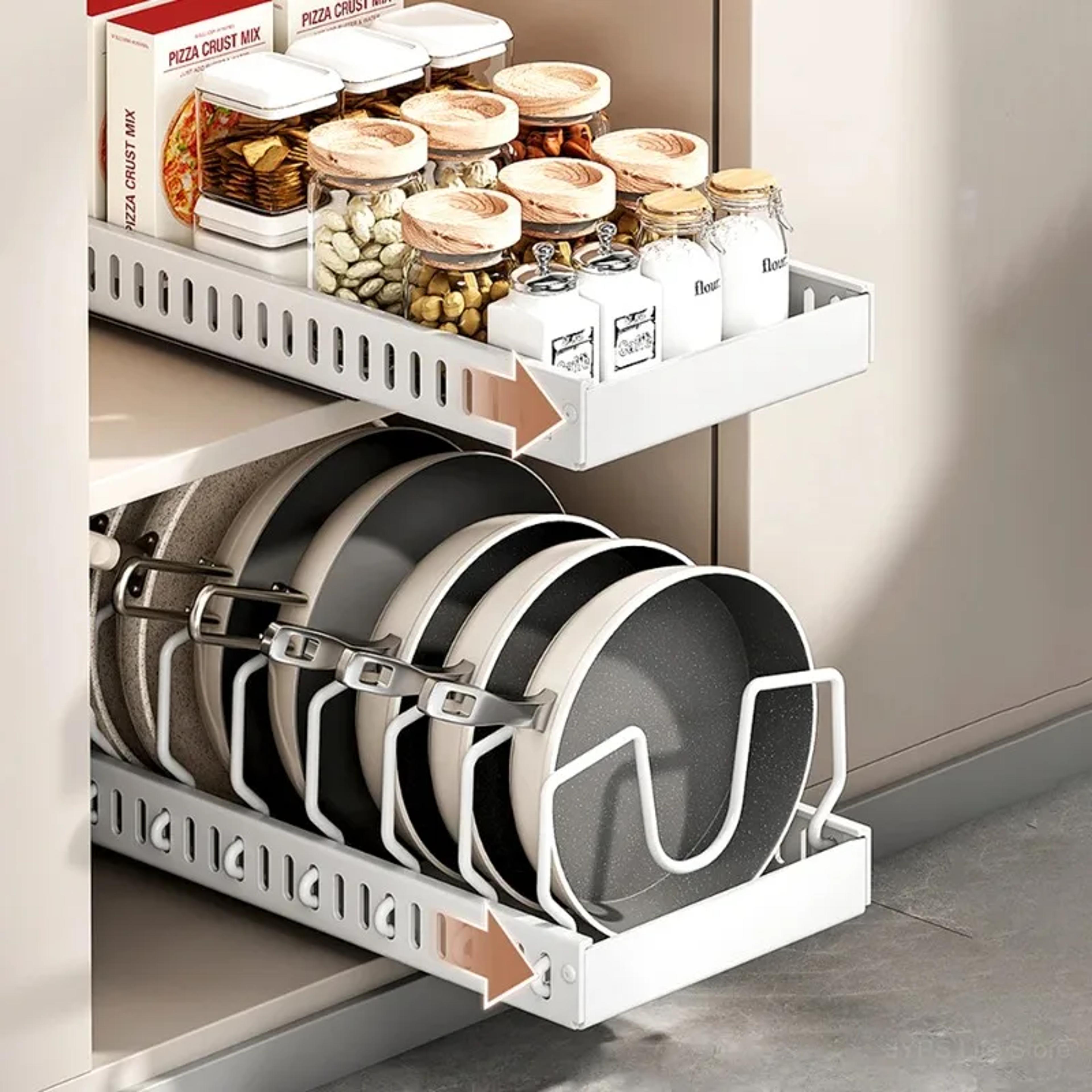 kitchen pull out organizer, multifunctional pot pan holder, sliding lid rack, spice organizer, dish drying drawer