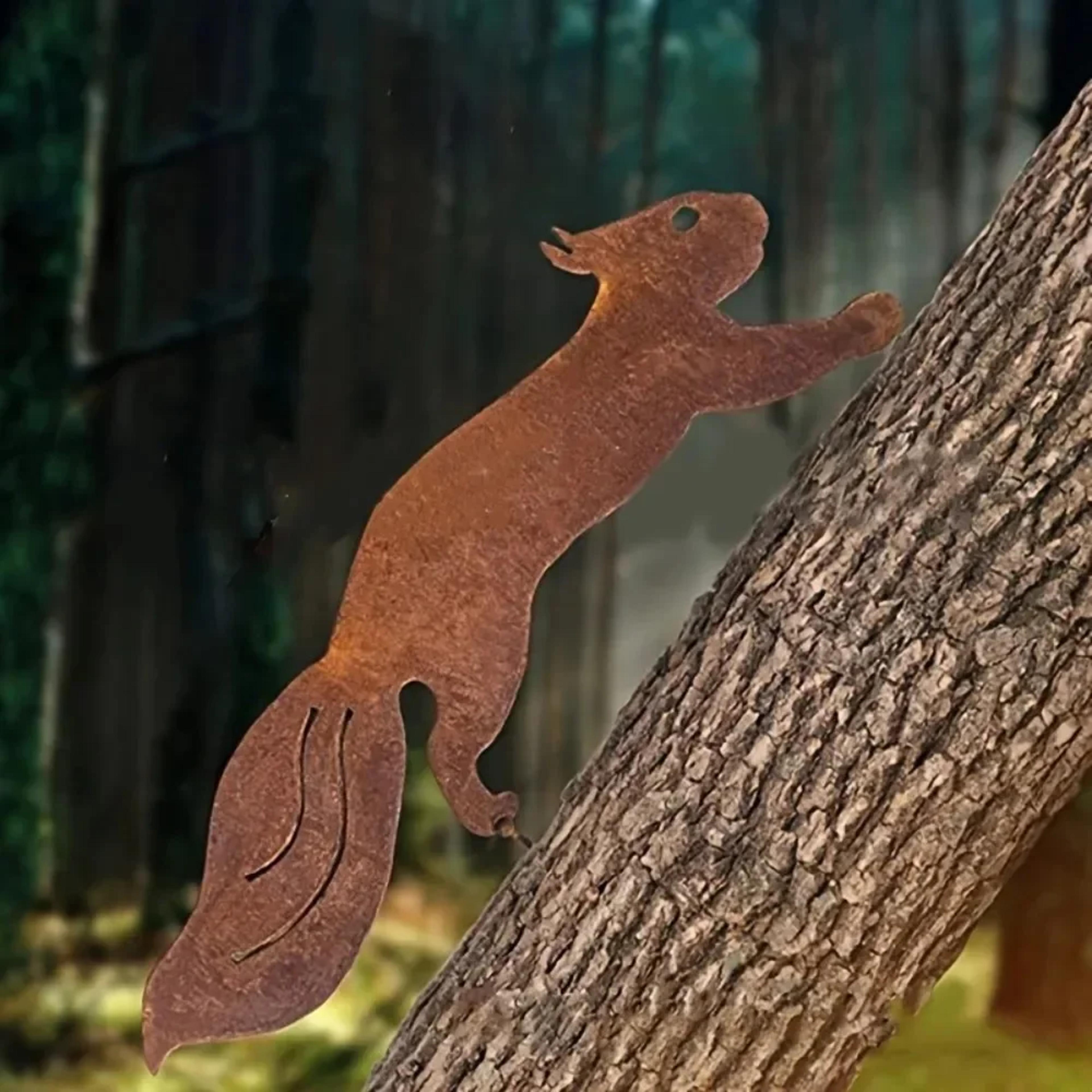 rusty squirrel silhouette metal decoration tree stakes, creative tree insert, branch insert decoration iron art