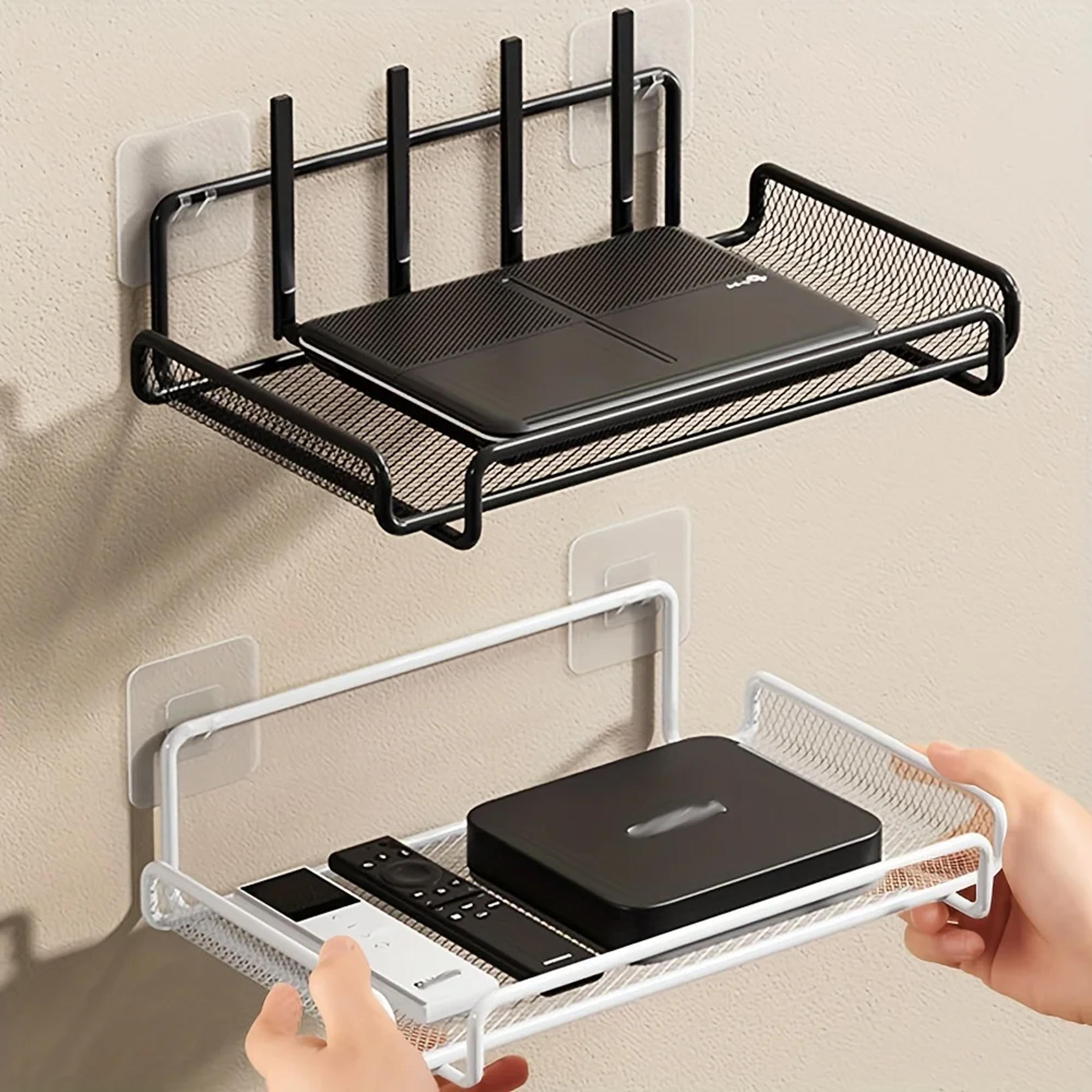 no-drill stainless steel wall-mounted router shelf, space-saving organizer for tv top boxes, keys, small living room
