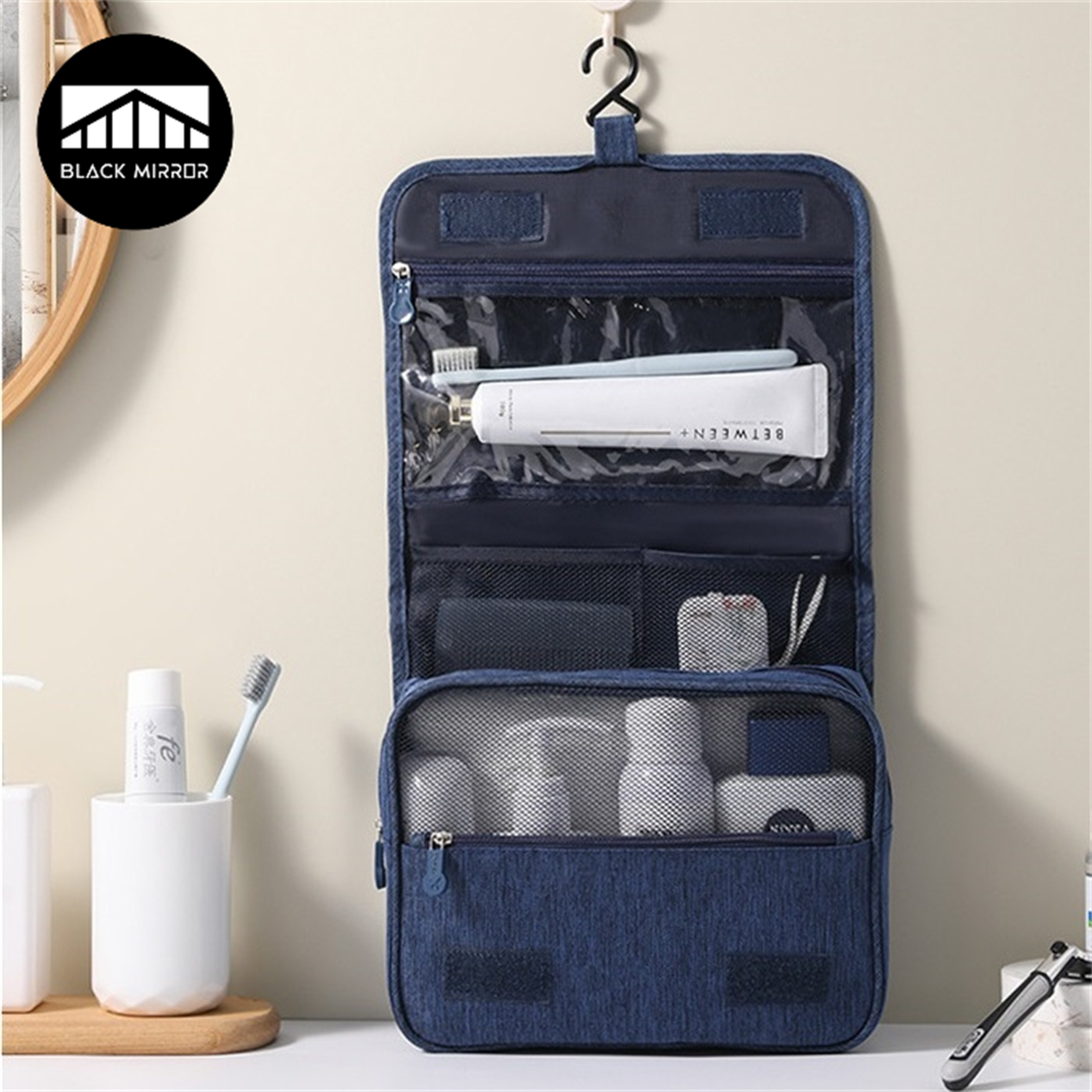 waterproof portable toiletry washbag, travel makeup case, women bathroom cosmetic storage bag, hanging hook organizer
