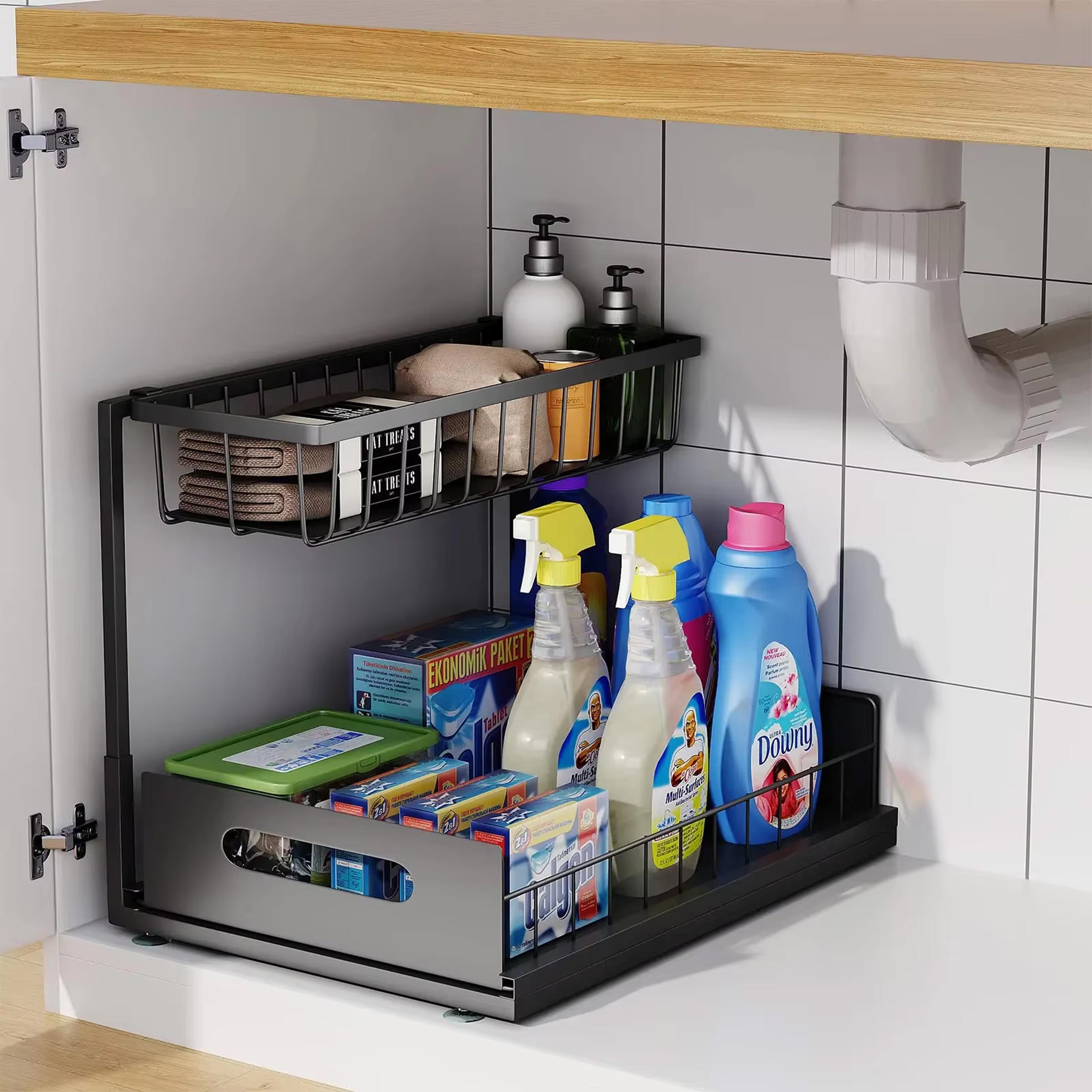 drawer pull out cabinet tier under sink organizer, sliding basket, multi-purpose sink storage for bathroom kitchen