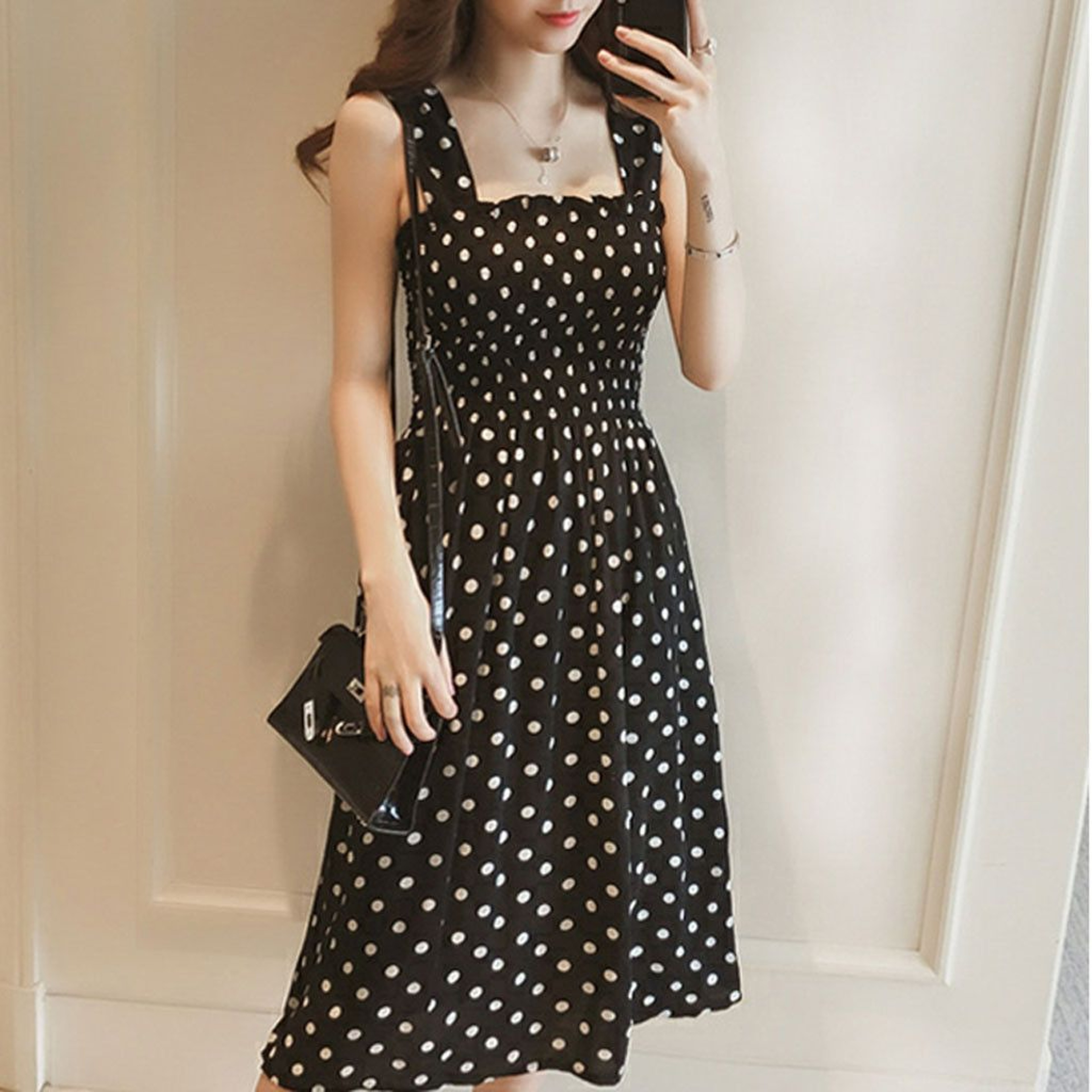 polka dot dress casual Vacation Casual Sundress Cream Polka Dot Cami Maxi Front Knot Flowy Summer Dress