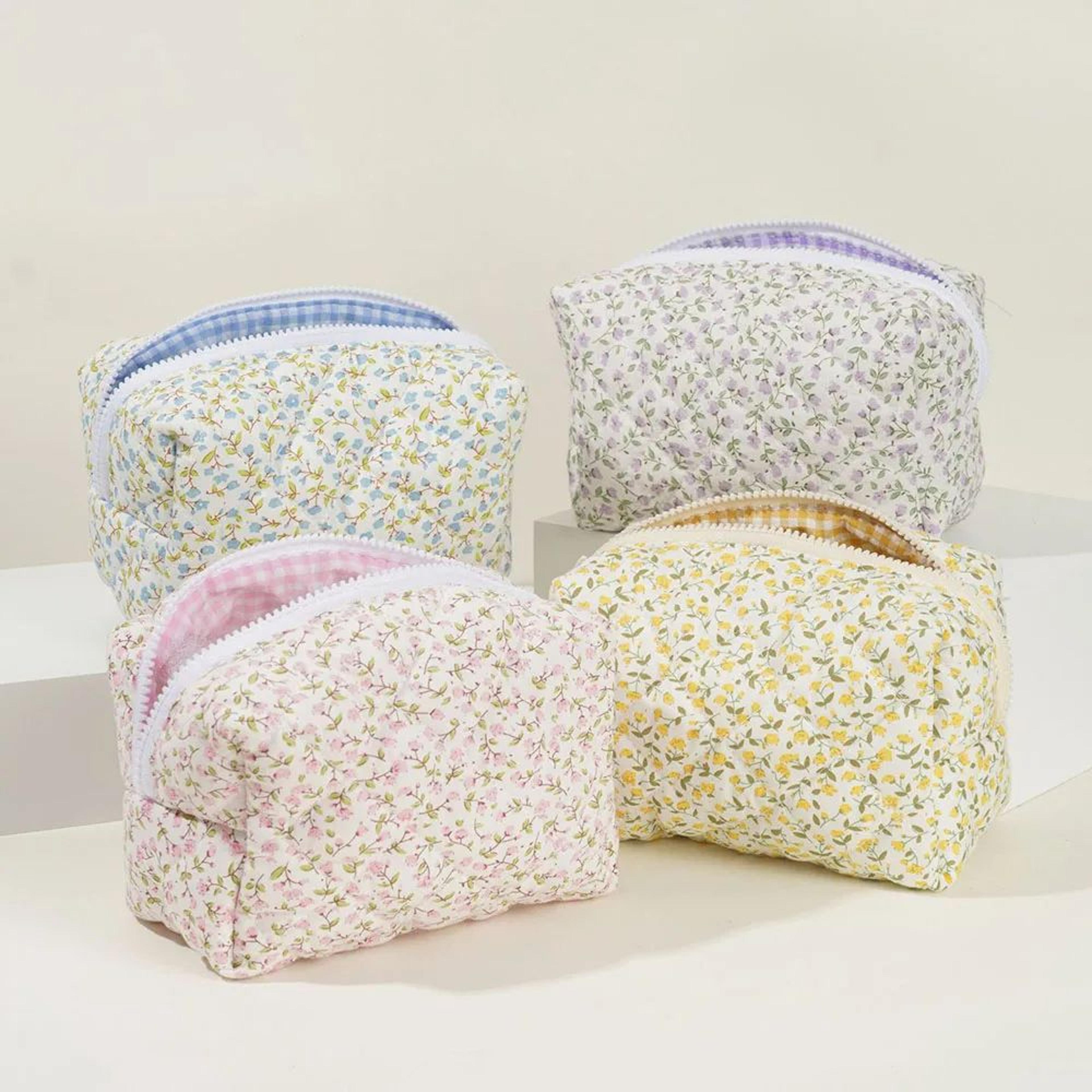floral puffy quilted makeup bag large travel cosmetic pouch with storage organizer, perfect for makeup accessories