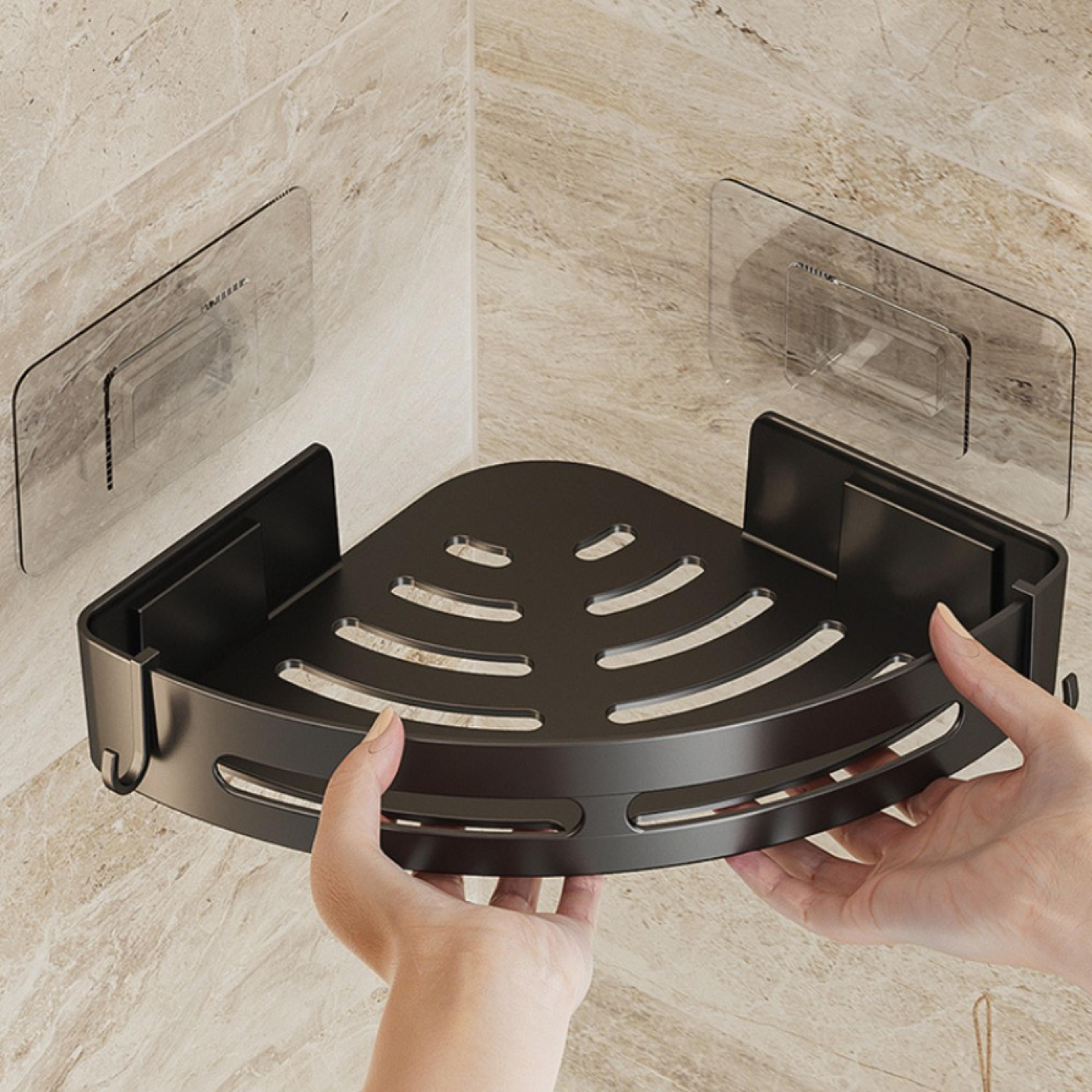 no punching required bathroom shampoo holder, shower caddy & storage shelf for towels & toiletries