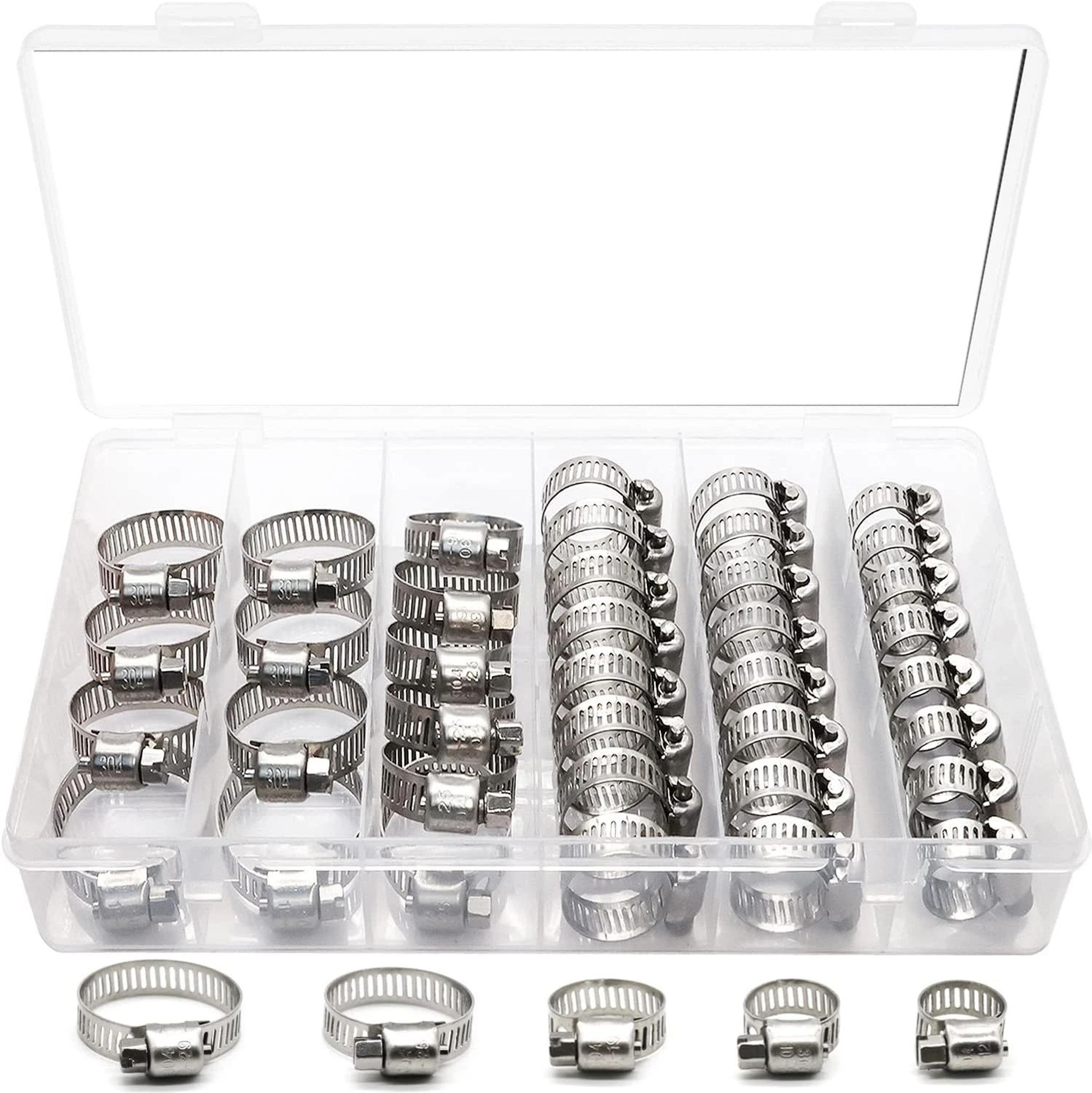 40pcs stainless steel hose clamp american style throat clamp assortment for pipes, tubes, fuel lines, and automotive use
