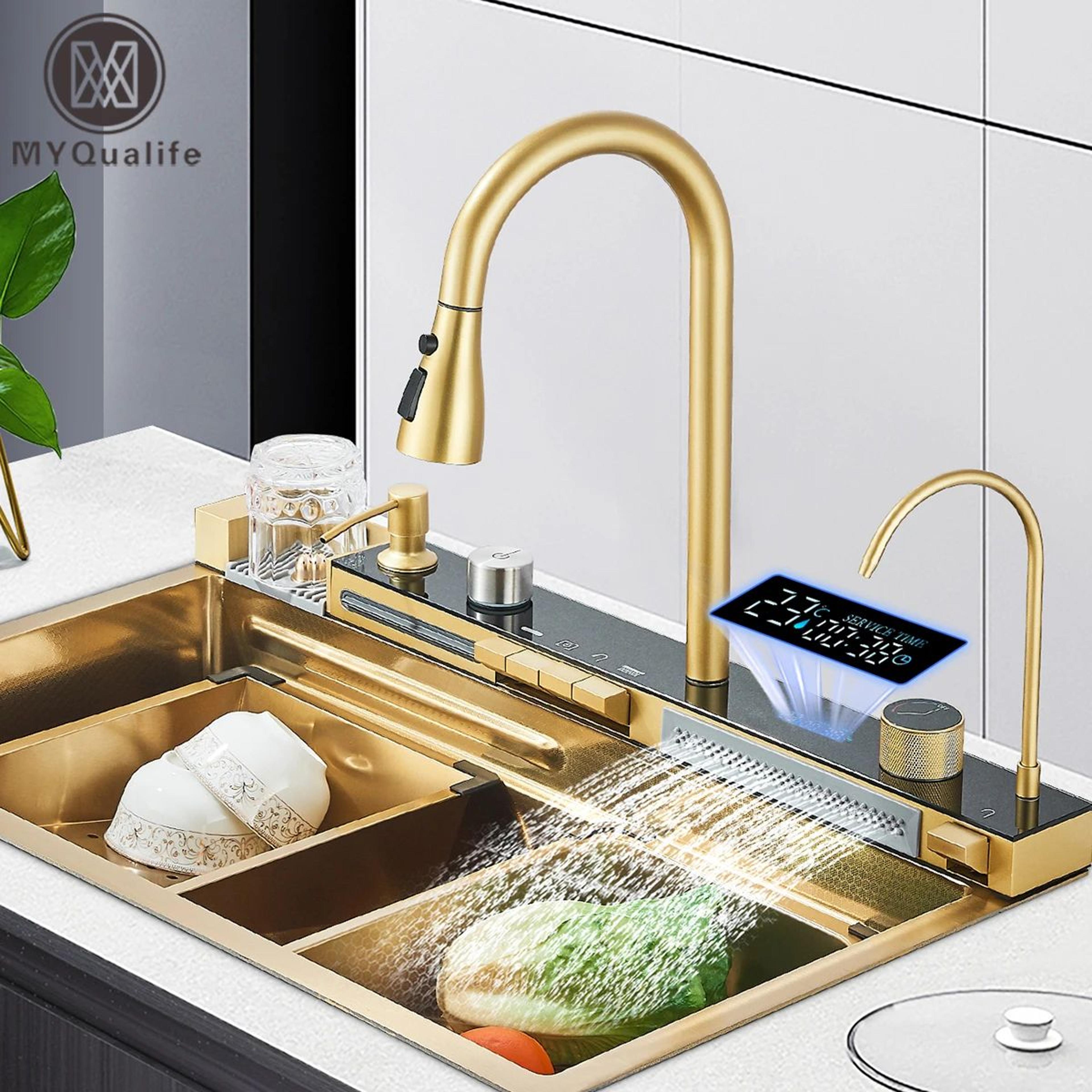 luxury golden smart kitchen sink with digital display, integrated faucet, temperature control, water purifier