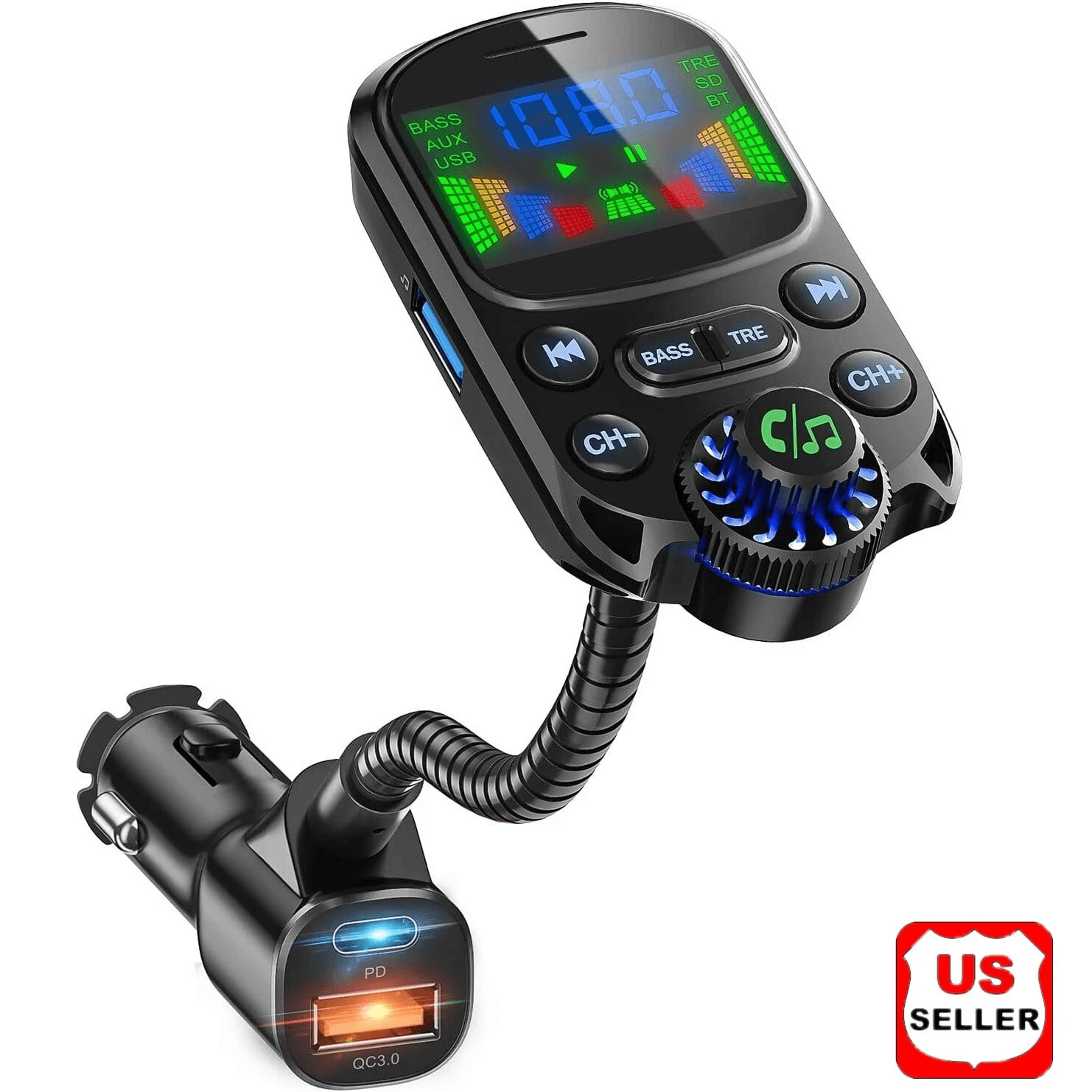 car bluetooth fm transmitter radio mp3 wireless adapter, hands free, 3 port charger