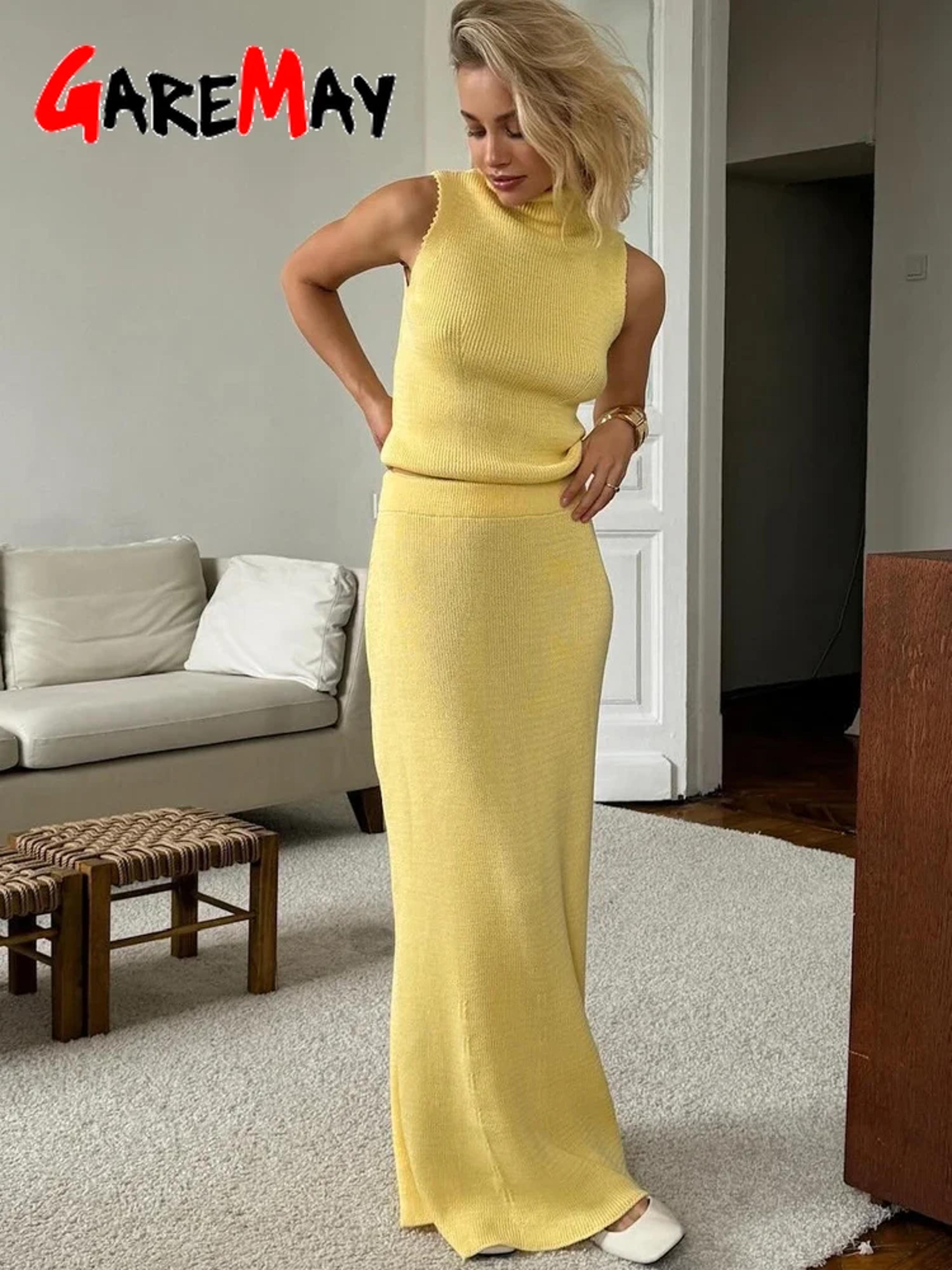 spring summer elegant yellow knitted suit for women, long fashion two-piece set with skirt and matching top